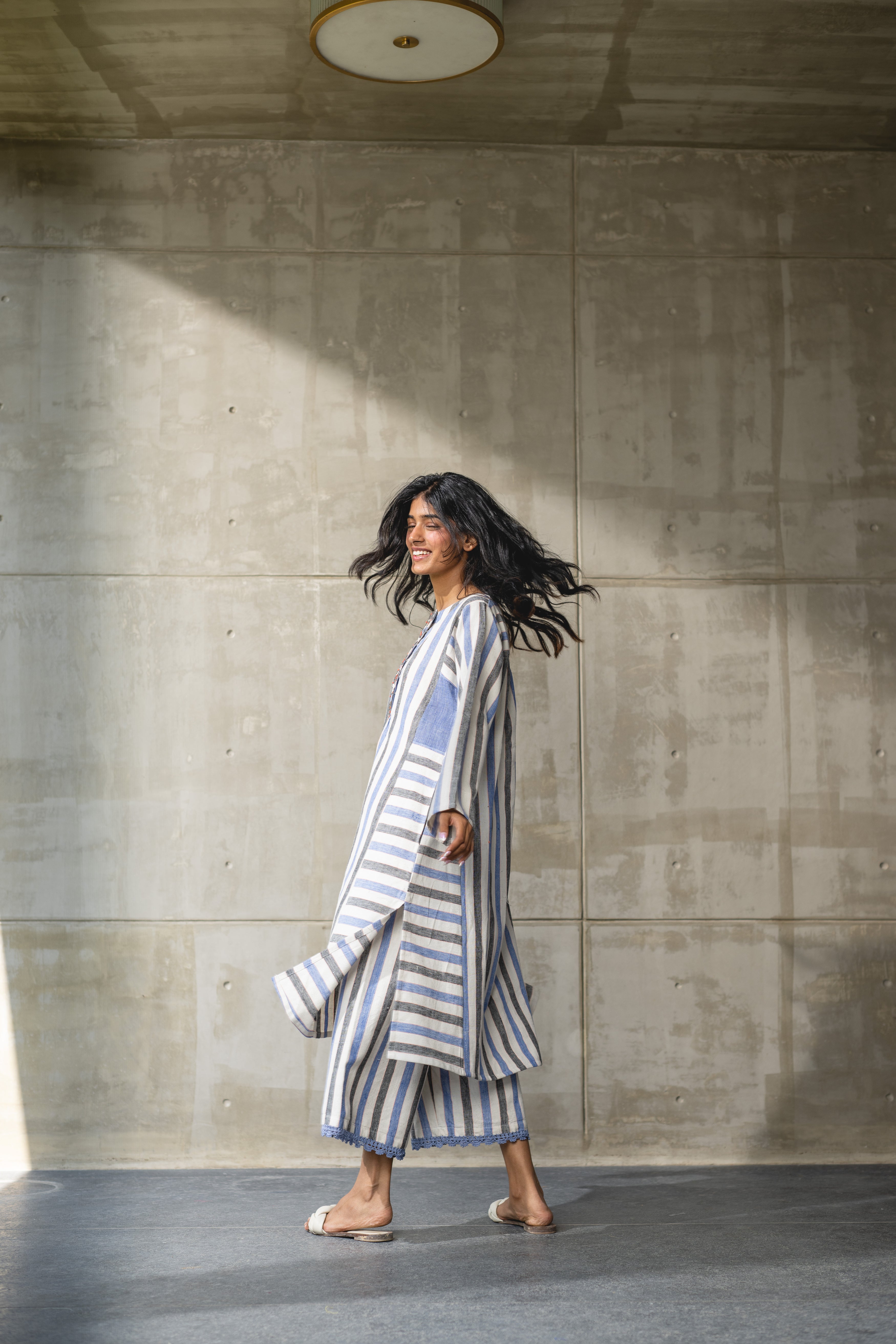 Blue & White Striped Handwoven Cotton Kurta by Araayeh with Artisan Made, Blue, Handwoven Cotton, Kurtas, Office Wear, Relaxed Fit, Stripes at Kamakhyaa for sustainable fashion