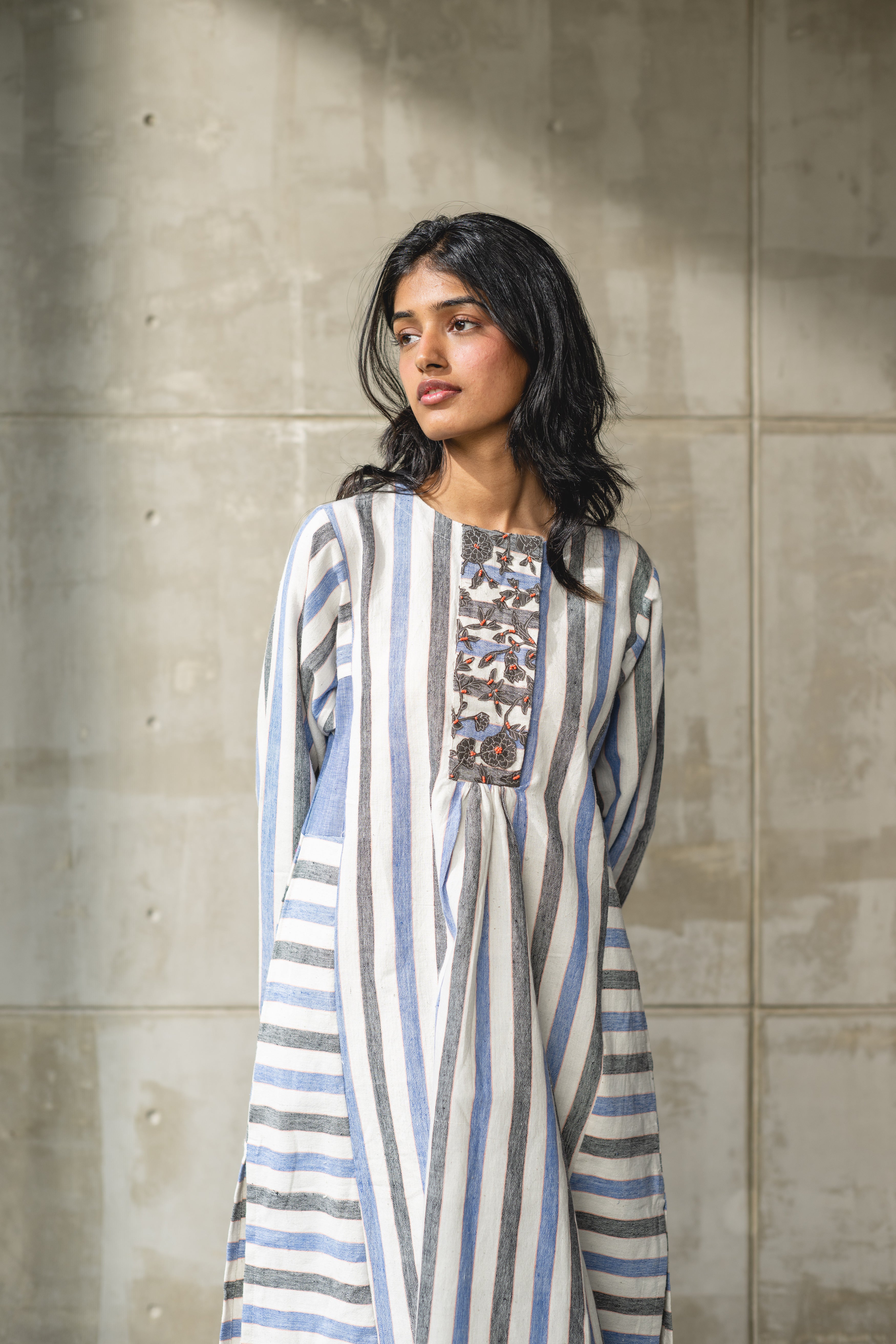 Blue & White Striped Handwoven Cotton Kurta by Araayeh with Artisan Made, Blue, Handwoven Cotton, Kurtas, Office Wear, Relaxed Fit, Stripes at Kamakhyaa for sustainable fashion