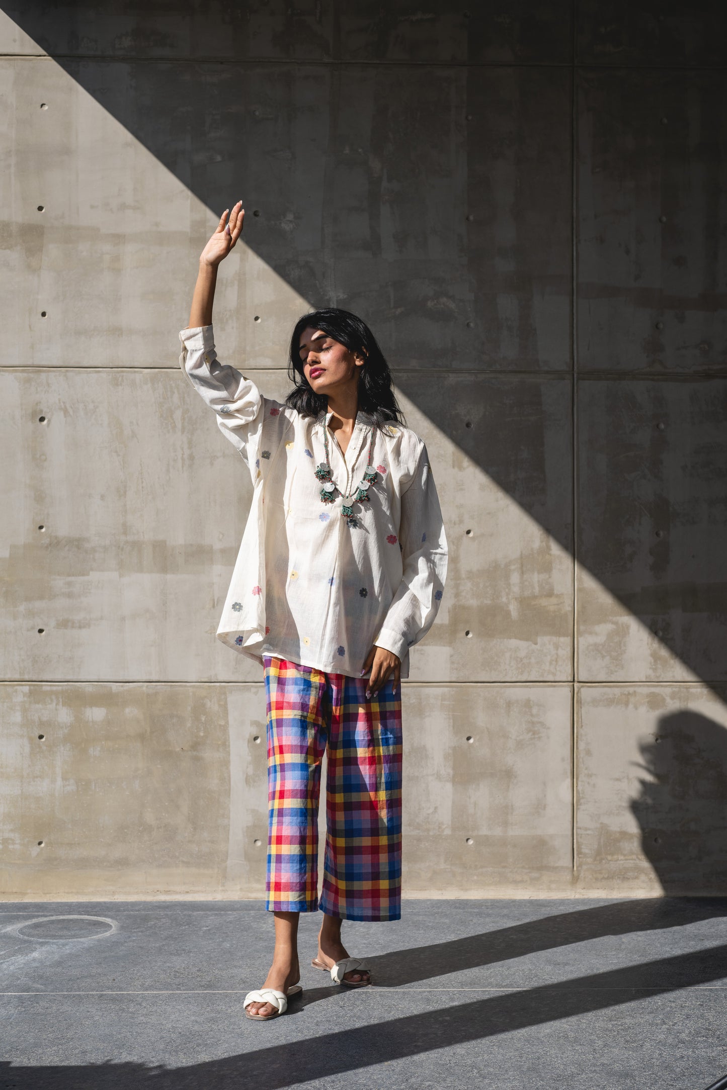 Handwoven Cotton Checks Pants by Araayeh with Artisan Made, Checks, Handwoven Cotton, Multicolor, Office Wear, Pants, Relaxed Fit at Kamakhyaa for sustainable fashion