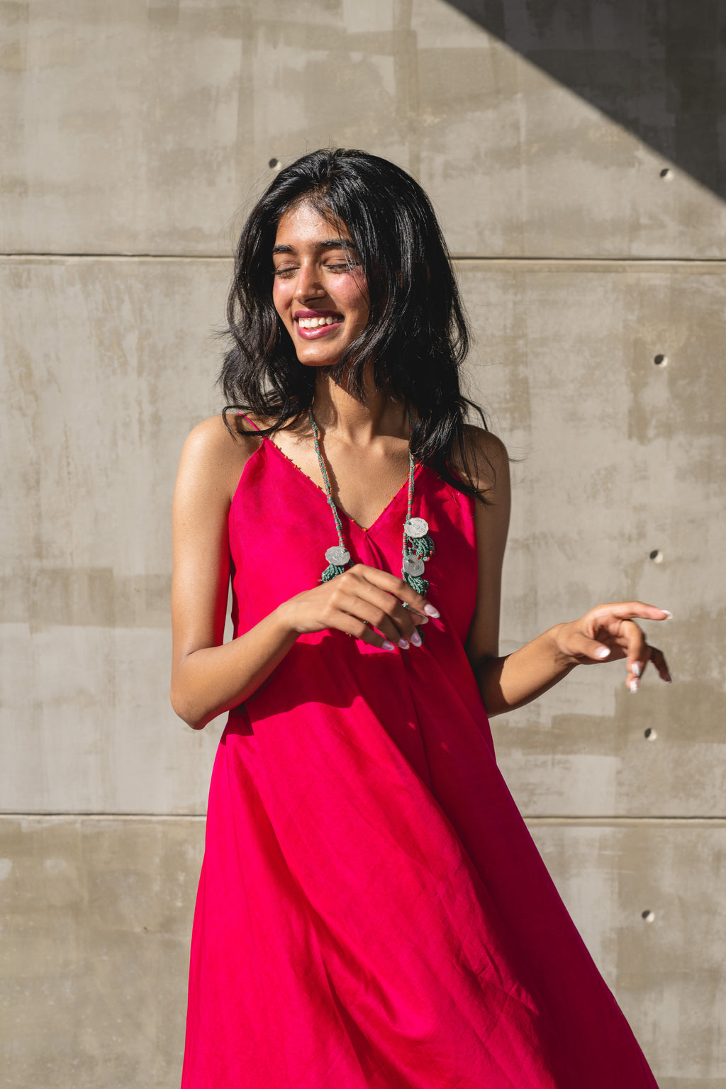 Pink V-Neck Chanderi Silk Dress by Araayeh with Artisan Made, Handwoven Chanderi, Pink, Regular Fit, Resort Wear, Sleeveless Dresses, Solids at Kamakhyaa for sustainable fashion