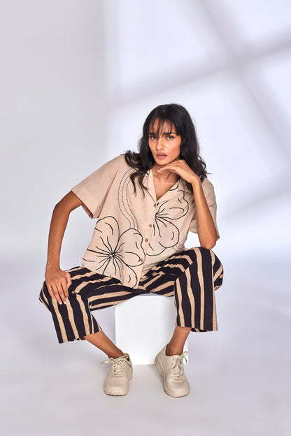 Beige Co-ord Set with Striped Pants by Hasttvam with Cotton, Eden by Hasttvam, Floral, Fusion Wear, Handmade by Artisans, Natural Dye, Relaxed Fit, Responsible production and Vegan, White at Kamakhyaa for sustainable fashion