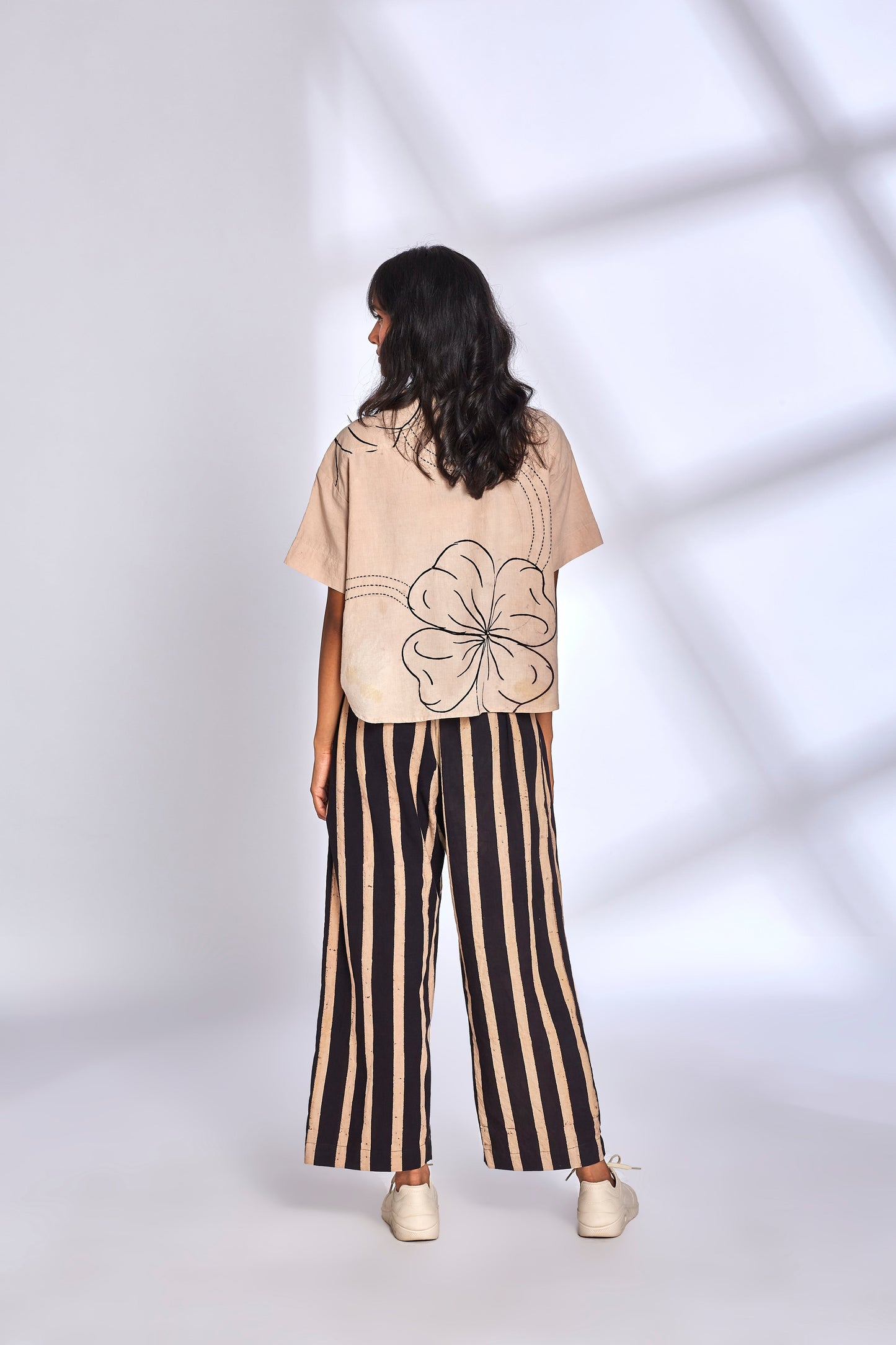 Beige Co-ord Set with Striped Pants by Hasttvam with Cotton, Eden by Hasttvam, Floral, Fusion Wear, Handmade by Artisans, Natural Dye, Relaxed Fit, Responsible production and Vegan, White at Kamakhyaa for sustainable fashion