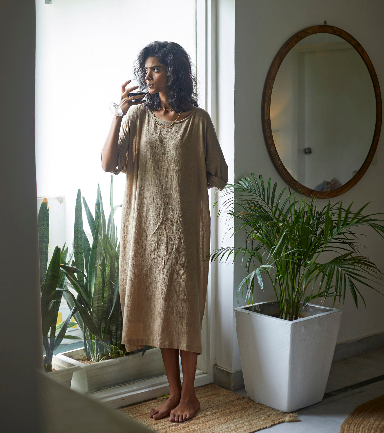 Beige Cotton Kaftan by Khara Kapas with Beige, Cotton, Kaftans, Lounge Wear, Lounge wear by Khara Kapas, Midi Dresses, Natural, Relaxed Fit, Solids, Womenswear at Kamakhyaa for sustainable fashion