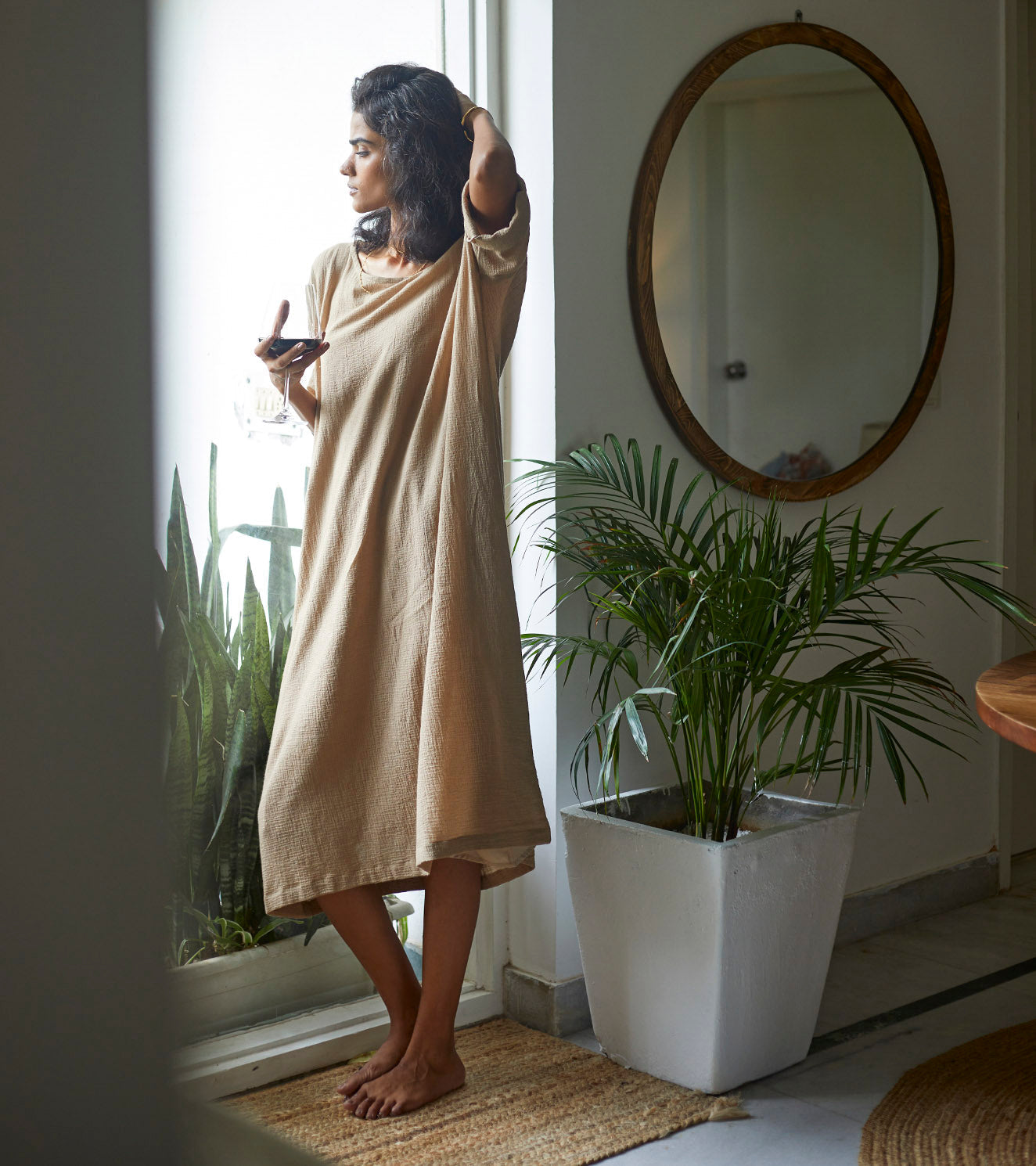 Beige Cotton Kaftan by Khara Kapas with Beige, Cotton, Kaftans, Lounge Wear, Lounge wear by Khara Kapas, Midi Dresses, Natural, Relaxed Fit, Solids, Womenswear at Kamakhyaa for sustainable fashion