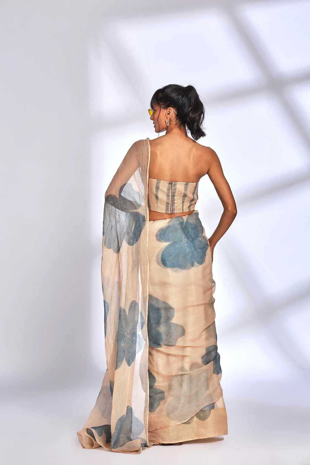 Beige Floral Print Saree with Blouse by Hasttvam with Beige, Cocktail Wedding, Eden by Hasttvam, Festive Wear, Floral, Kota Doria, Natural dyes, Relaxed Fit, Respondible production and Vegan at Kamakhyaa for sustainable fashion