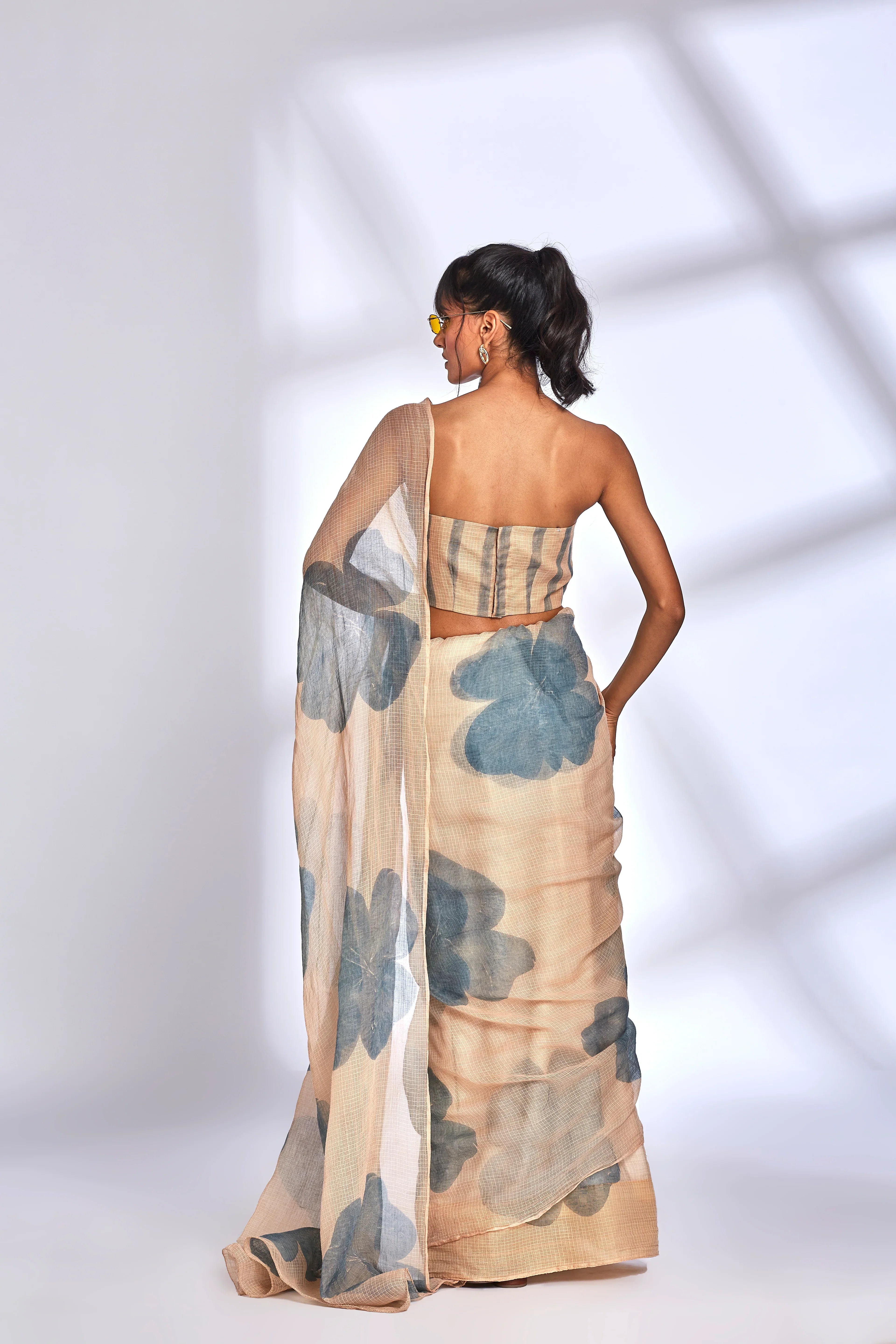 Beige Floral Print Saree with Blouse by Hasttvam with Beige, Cocktail Wedding, Eden by Hasttvam, Festive Wear, Floral, Kota Doria, Natural dyes, Relaxed Fit, Respondible production and Vegan at Kamakhyaa for sustainable fashion