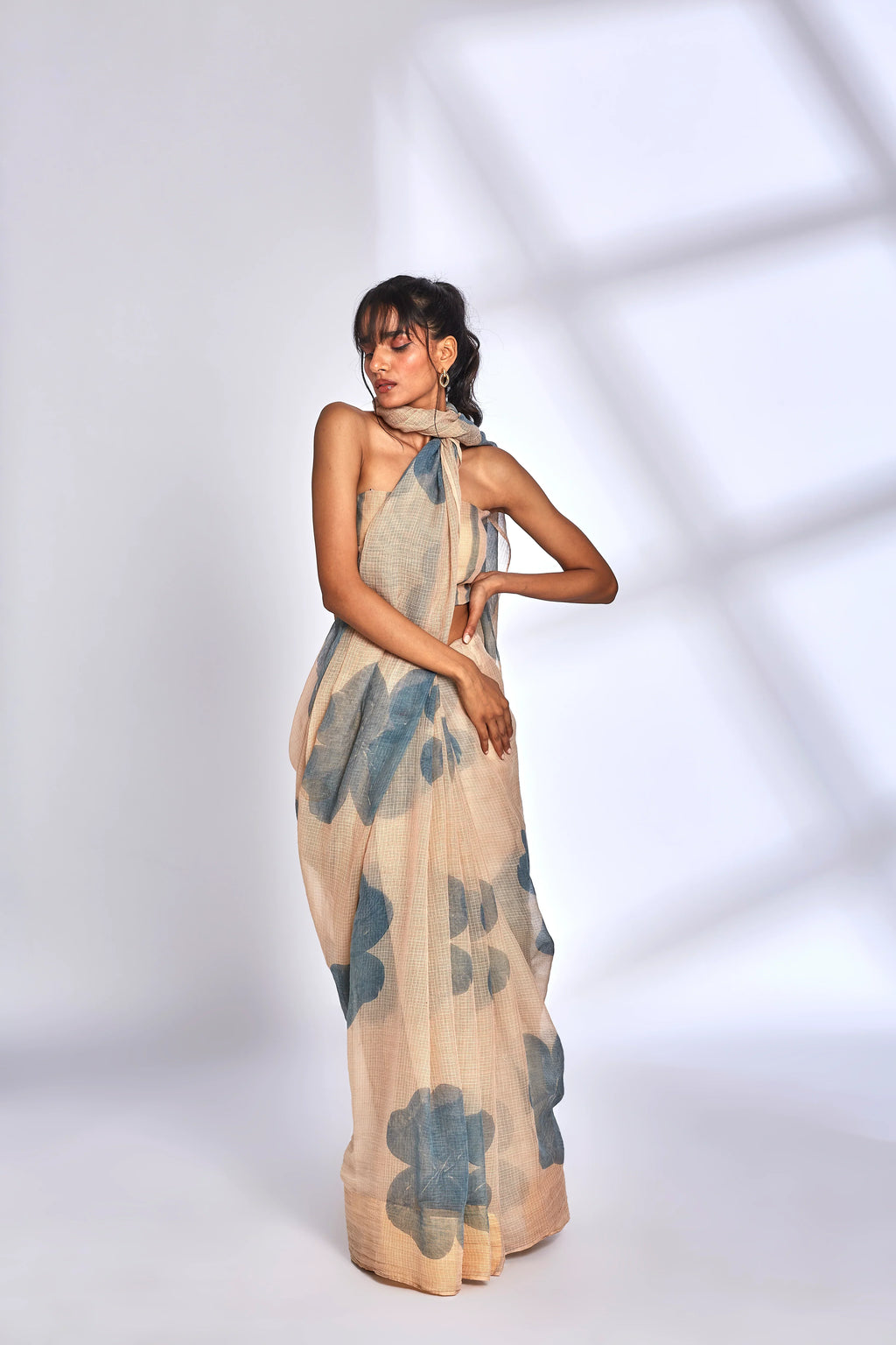 Beige Floral Print Saree with Blouse by Hasttvam with Beige, Cocktail Wedding, Eden by Hasttvam, Festive Wear, Floral, Kota Doria, Natural dyes, Relaxed Fit, Respondible production and Vegan at Kamakhyaa for sustainable fashion