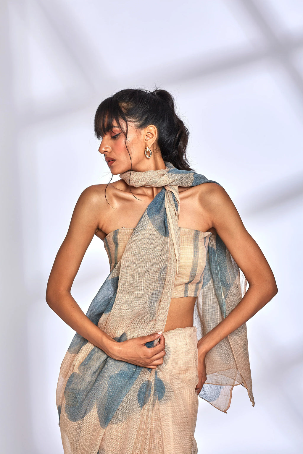 Beige Floral Print Saree with Blouse by Hasttvam with Beige, Cocktail Wedding, Eden by Hasttvam, Festive Wear, Floral, Kota Doria, Natural dyes, Relaxed Fit, Respondible production and Vegan at Kamakhyaa for sustainable fashion