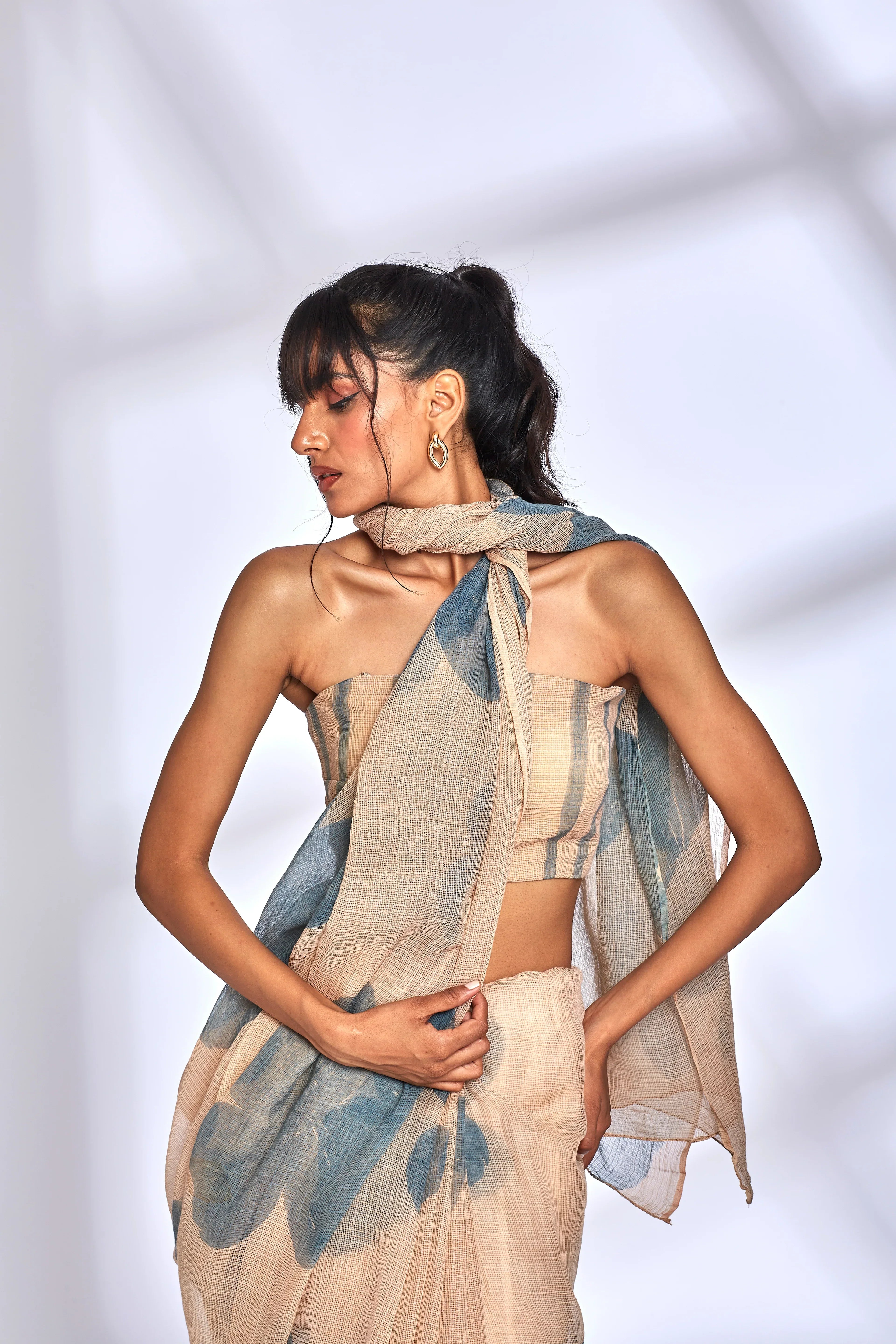 Beige Floral Print Saree with Blouse by Hasttvam with Beige, Cocktail Wedding, Eden by Hasttvam, Festive Wear, Floral, Kota Doria, Natural dyes, Relaxed Fit, Respondible production and Vegan at Kamakhyaa for sustainable fashion