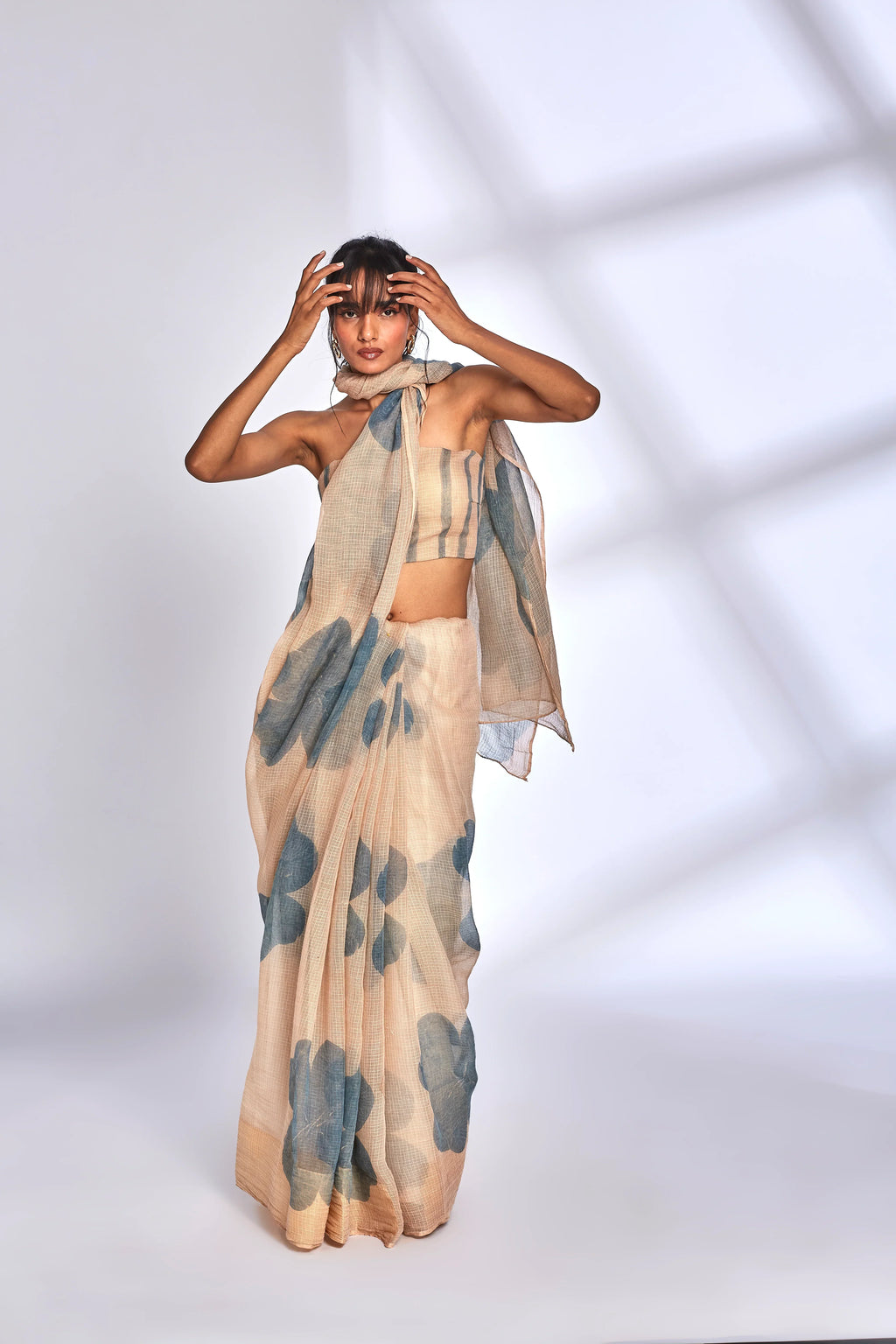 Beige Floral Print Saree with Blouse by Hasttvam with Beige, Cocktail Wedding, Eden by Hasttvam, Festive Wear, Floral, Kota Doria, Natural dyes, Relaxed Fit, Respondible production and Vegan at Kamakhyaa for sustainable fashion