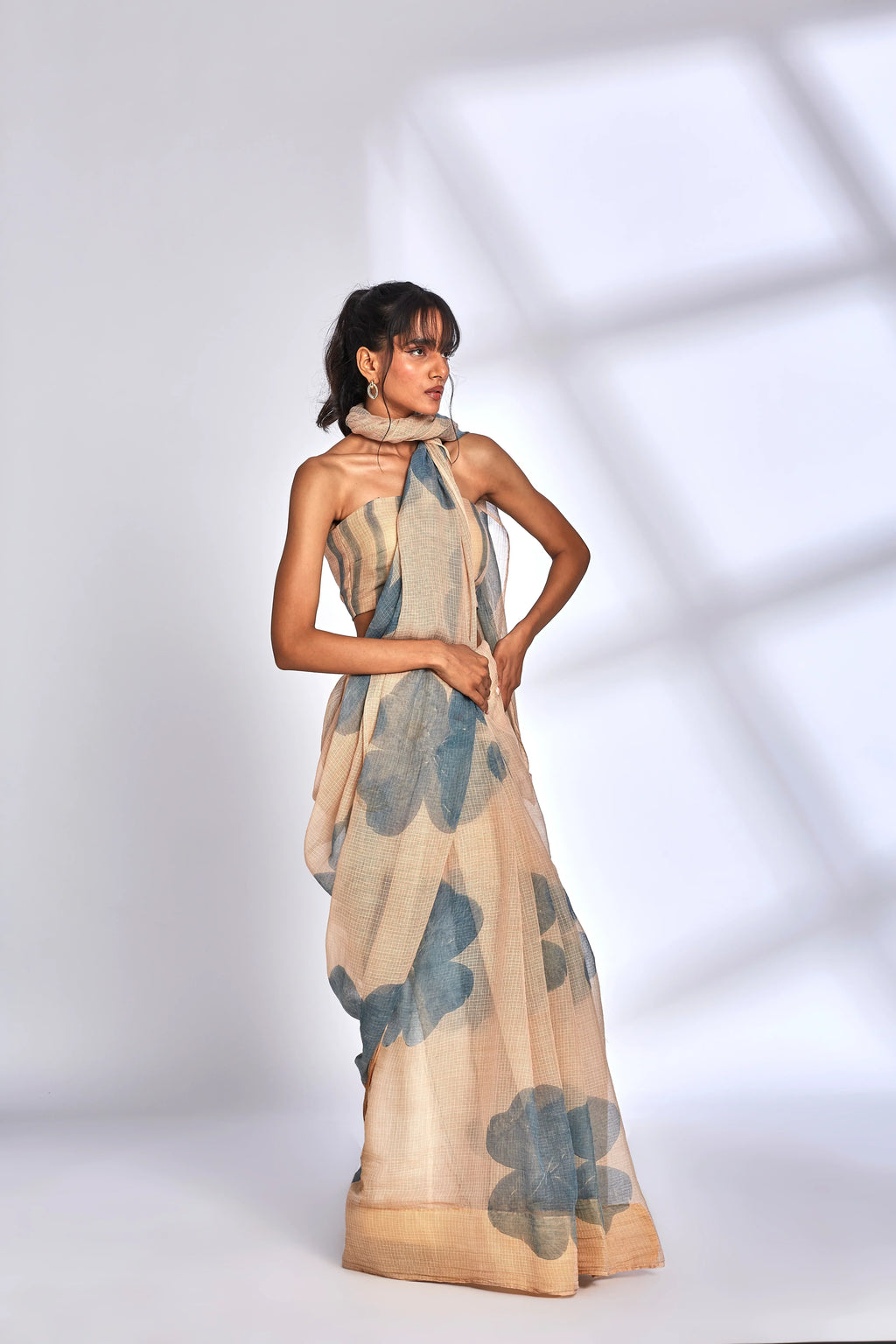 Beige Floral Print Saree with Blouse by Hasttvam with Beige, Cocktail Wedding, Eden by Hasttvam, Festive Wear, Floral, Kota Doria, Natural dyes, Relaxed Fit, Respondible production and Vegan at Kamakhyaa for sustainable fashion