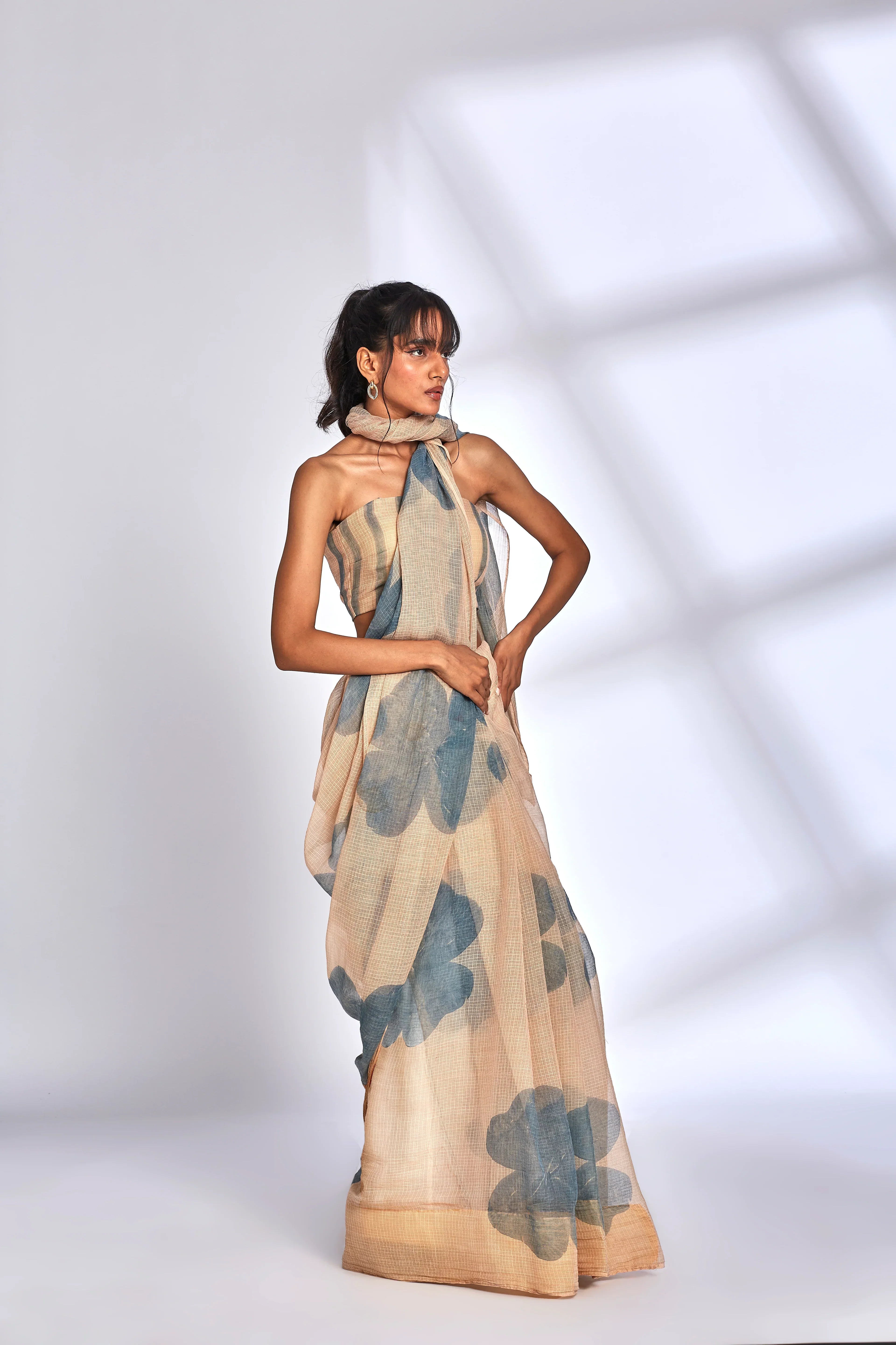 Beige Floral Print Saree with Blouse by Hasttvam with Beige, Cocktail Wedding, Eden by Hasttvam, Festive Wear, Floral, Kota Doria, Natural dyes, Relaxed Fit, Respondible production and Vegan at Kamakhyaa for sustainable fashion