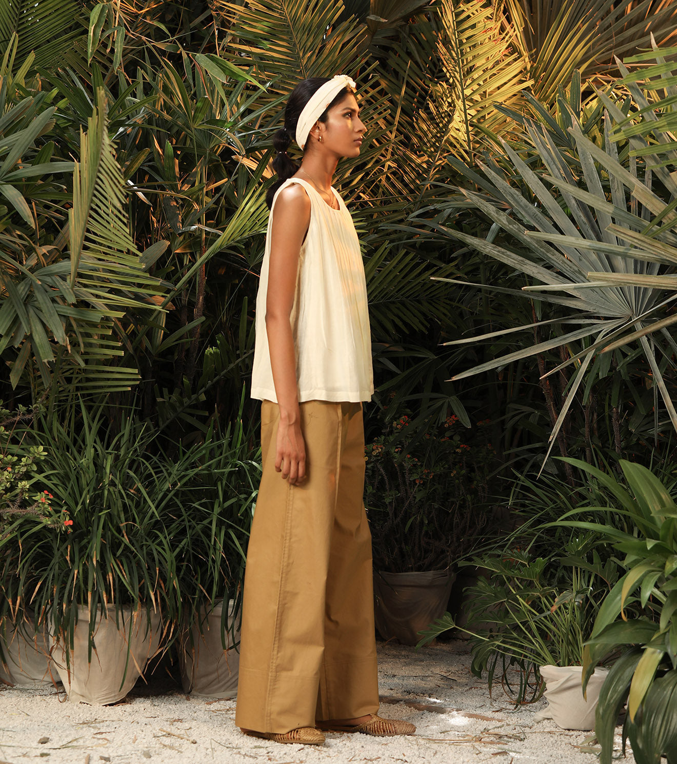 Beige Pants by Khara Kapas with Another Day In Paradise by Khara Kapas, Beige, Casual Wear, Natural, Palazzo Pants, Poplin, Regular Fit, Solids, Womenswear at Kamakhyaa for sustainable fashion