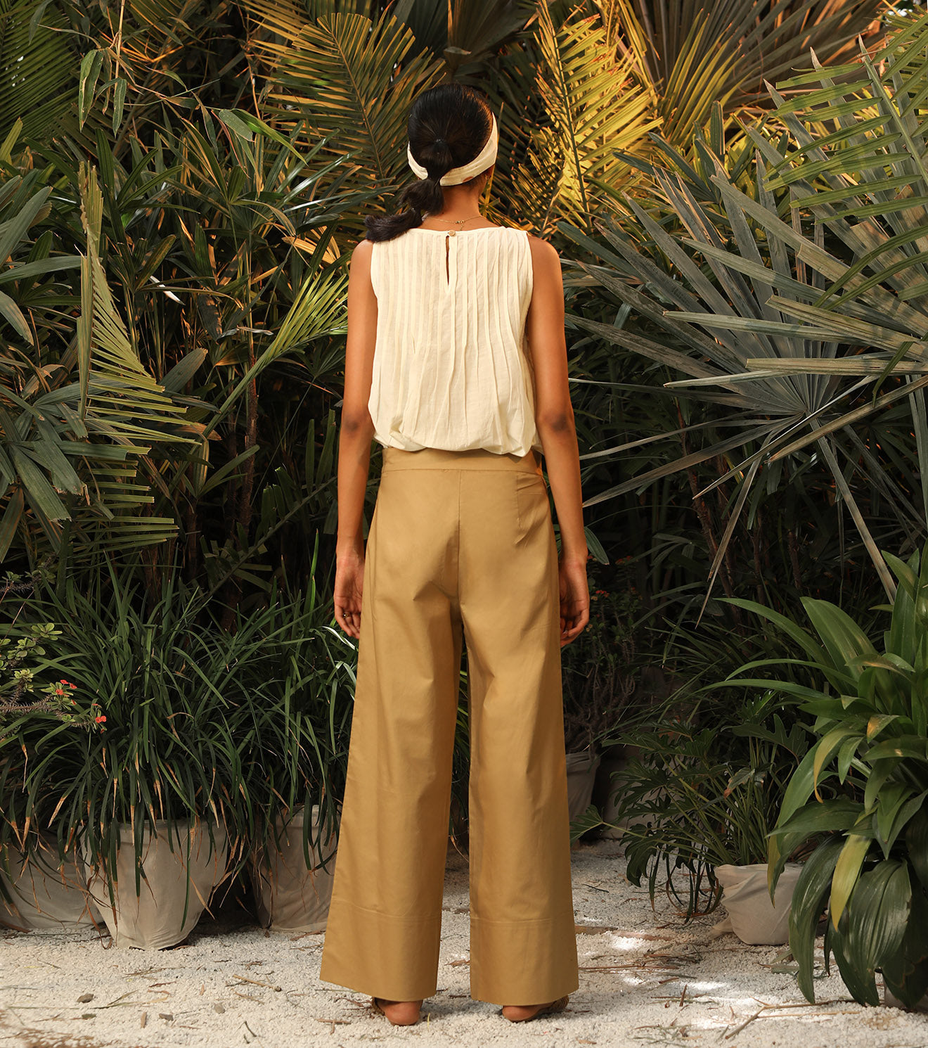 Beige Pants by Khara Kapas with Another Day In Paradise by Khara Kapas, Beige, Casual Wear, Natural, Palazzo Pants, Poplin, Regular Fit, Solids, Womenswear at Kamakhyaa for sustainable fashion