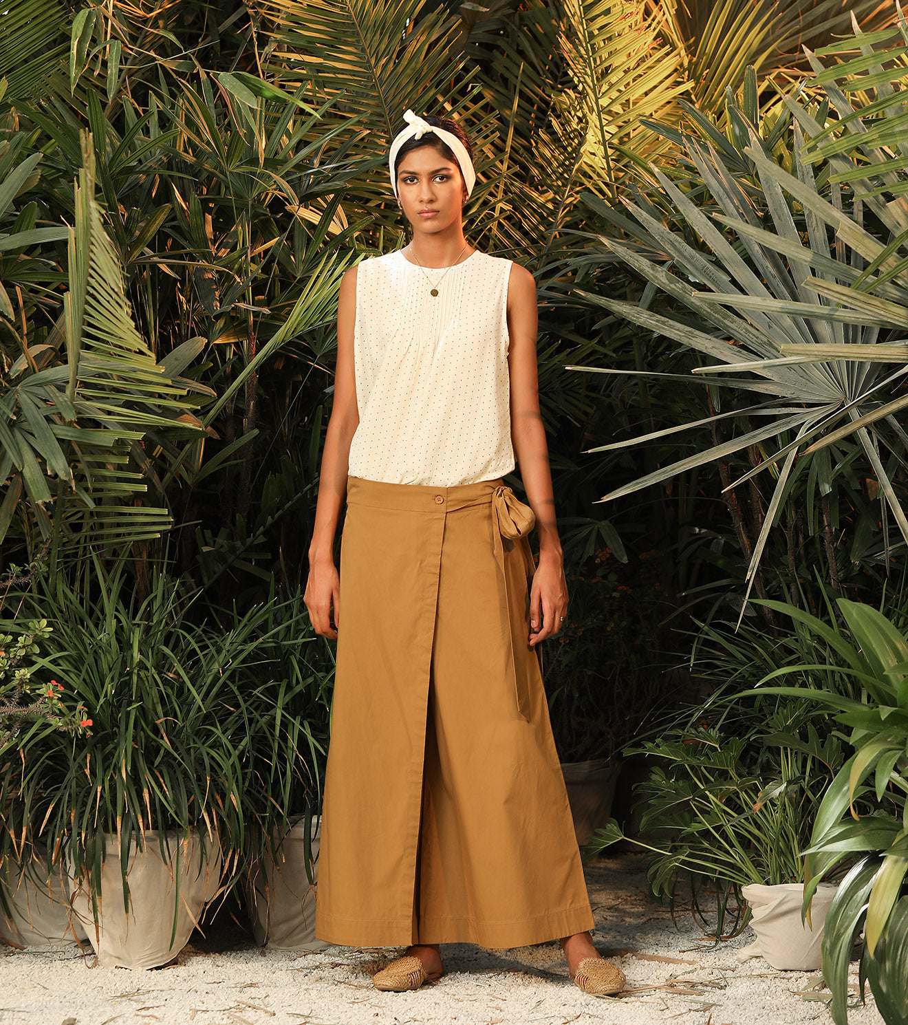 Beige Pants by Khara Kapas with Another Day In Paradise by Khara Kapas, Beige, Fitted At Waist, Natural, Palazzo Pants, Poplin, Resort Wear, Solids, Womenswear at Kamakhyaa for sustainable fashion