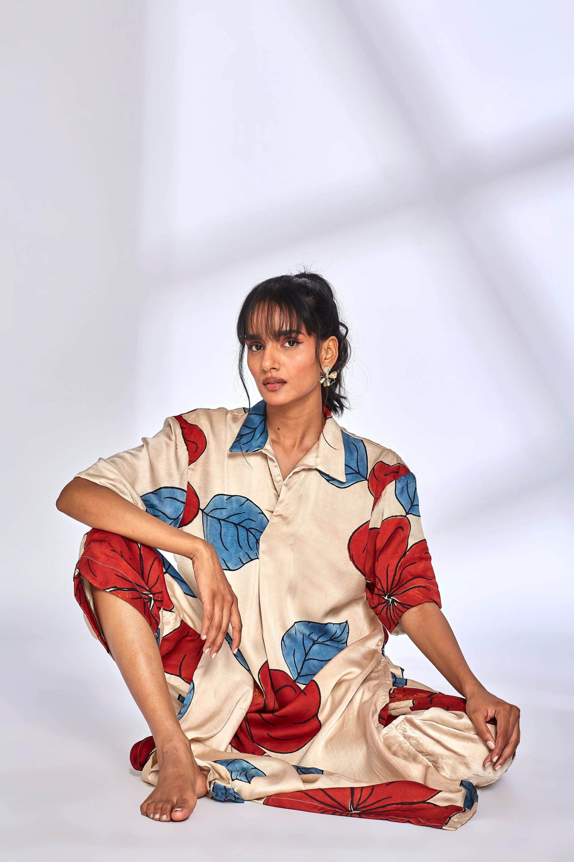 Beige Printed Kurta by Hasttvam with Eden by Hasttvam, Festive Wear, Floral, Fusion Wear, Handmade by Artisans, Modal, Natural Dye, Relaxed Fit, Responsible production and Vegan, White at Kamakhyaa for sustainable fashion