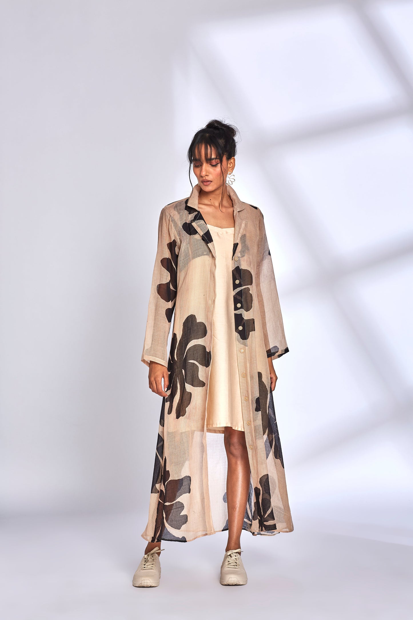 Beige Printed Long Dress by Hasttvam with Beige, Eden by Hasttvam, Fashion Week Looks, Floral, Fusion Wear, Kota Doria, Long Dresses, Natural Dye, Relaxed Fit, Responsible production and Vegan, Shirt Dresses, Sundowner Looks at Kamakhyaa for sustainable fashion