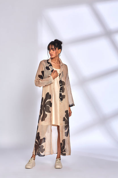 Beige Printed Long Dress by Hasttvam with Beige, Eden by Hasttvam, Fashion Week Looks, Floral, Fusion Wear, Kota Doria, Long Dresses, Natural Dye, Relaxed Fit, Responsible production and Vegan, Shirt Dresses, Sundowner Looks at Kamakhyaa for sustainable fashion