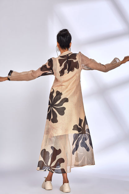 Beige Printed Long Dress by Hasttvam with Beige, Eden by Hasttvam, Fashion Week Looks, Floral, Fusion Wear, Kota Doria, Long Dresses, Natural Dye, Relaxed Fit, Responsible production and Vegan, Shirt Dresses, Sundowner Looks at Kamakhyaa for sustainable fashion