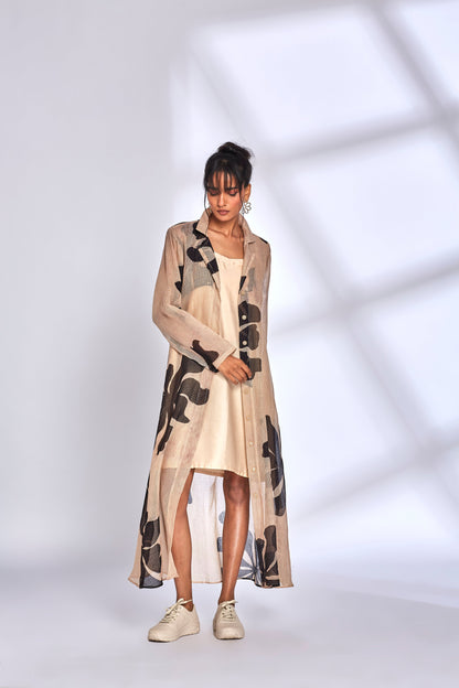 Beige Printed Long Dress by Hasttvam with Beige, Eden by Hasttvam, Fashion Week Looks, Floral, Fusion Wear, Kota Doria, Long Dresses, Natural Dye, Relaxed Fit, Responsible production and Vegan, Shirt Dresses, Sundowner Looks at Kamakhyaa for sustainable fashion