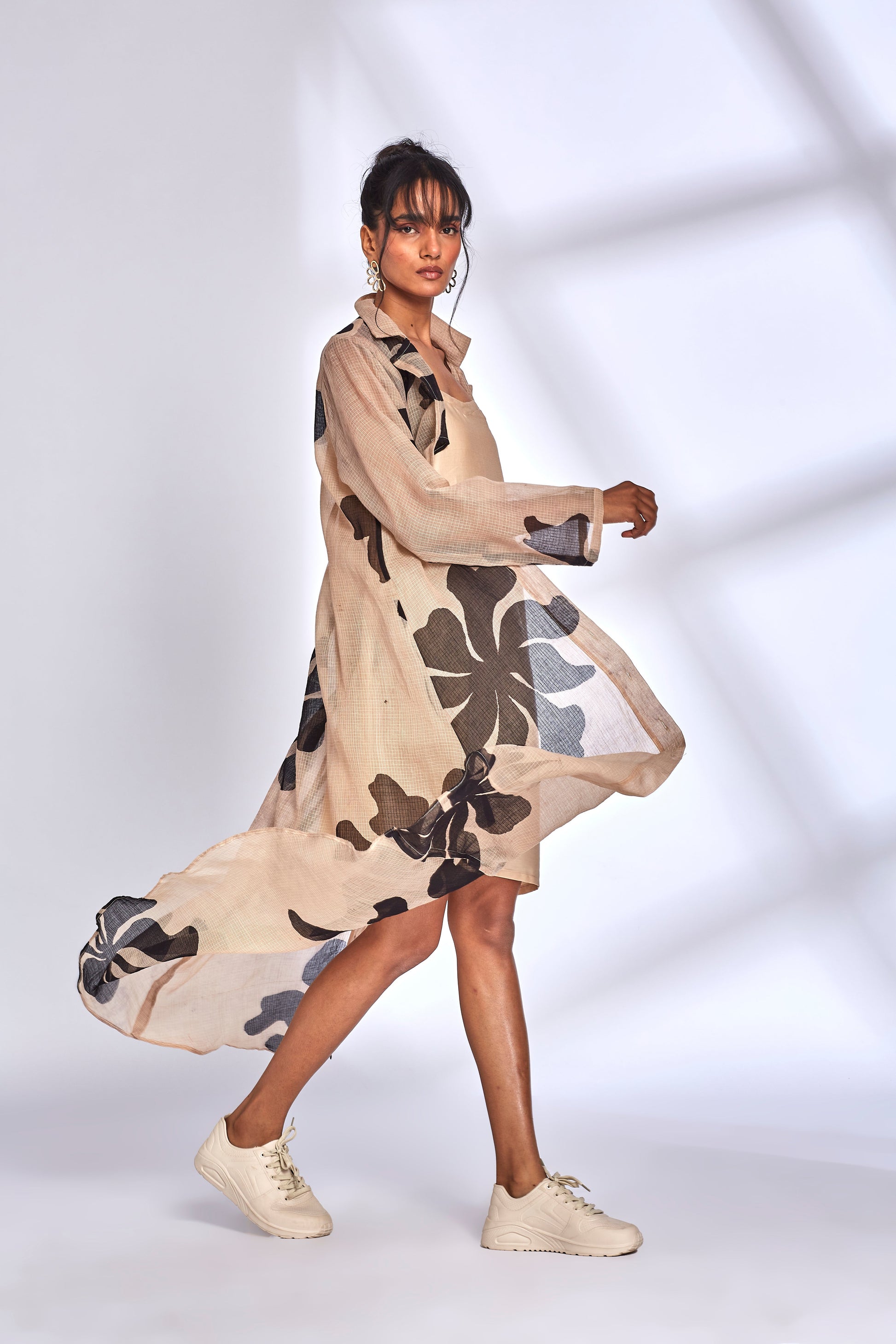 Beige Printed Long Dress by Hasttvam with Beige, Eden by Hasttvam, Fashion Week Looks, Floral, Fusion Wear, Kota Doria, Long Dresses, Natural Dye, Relaxed Fit, Responsible production and Vegan, Shirt Dresses, Sundowner Looks at Kamakhyaa for sustainable fashion