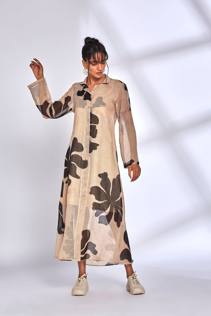 Beige Printed Long Dress by Hasttvam with Beige, Eden by Hasttvam, Fashion Week Looks, Floral, Fusion Wear, Kota Doria, Long Dresses, Natural Dye, Relaxed Fit, Responsible production and Vegan, Shirt Dresses, Sundowner Looks at Kamakhyaa for sustainable fashion