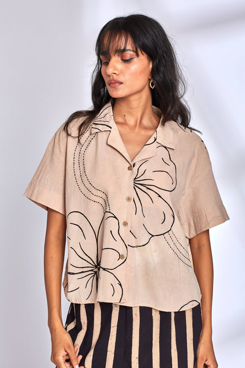 Beige Shirt for Women by Hasttvam with Cotton, Eden by Hasttvam, Floral, Fusion Wear, Handmade by Artisans, Natural Dye, Relaxed Fit, Responsible production and Vegan, Shirt, White at Kamakhyaa for sustainable fashion