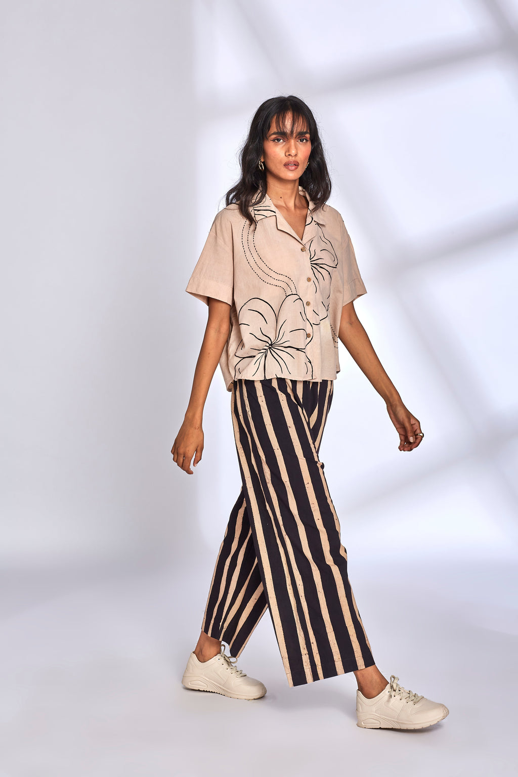 Beige Shirt for Women by Hasttvam with Cotton, Eden by Hasttvam, Floral, Fusion Wear, Handmade by Artisans, Natural Dye, Relaxed Fit, Responsible production and Vegan, Shirt, White at Kamakhyaa for sustainable fashion