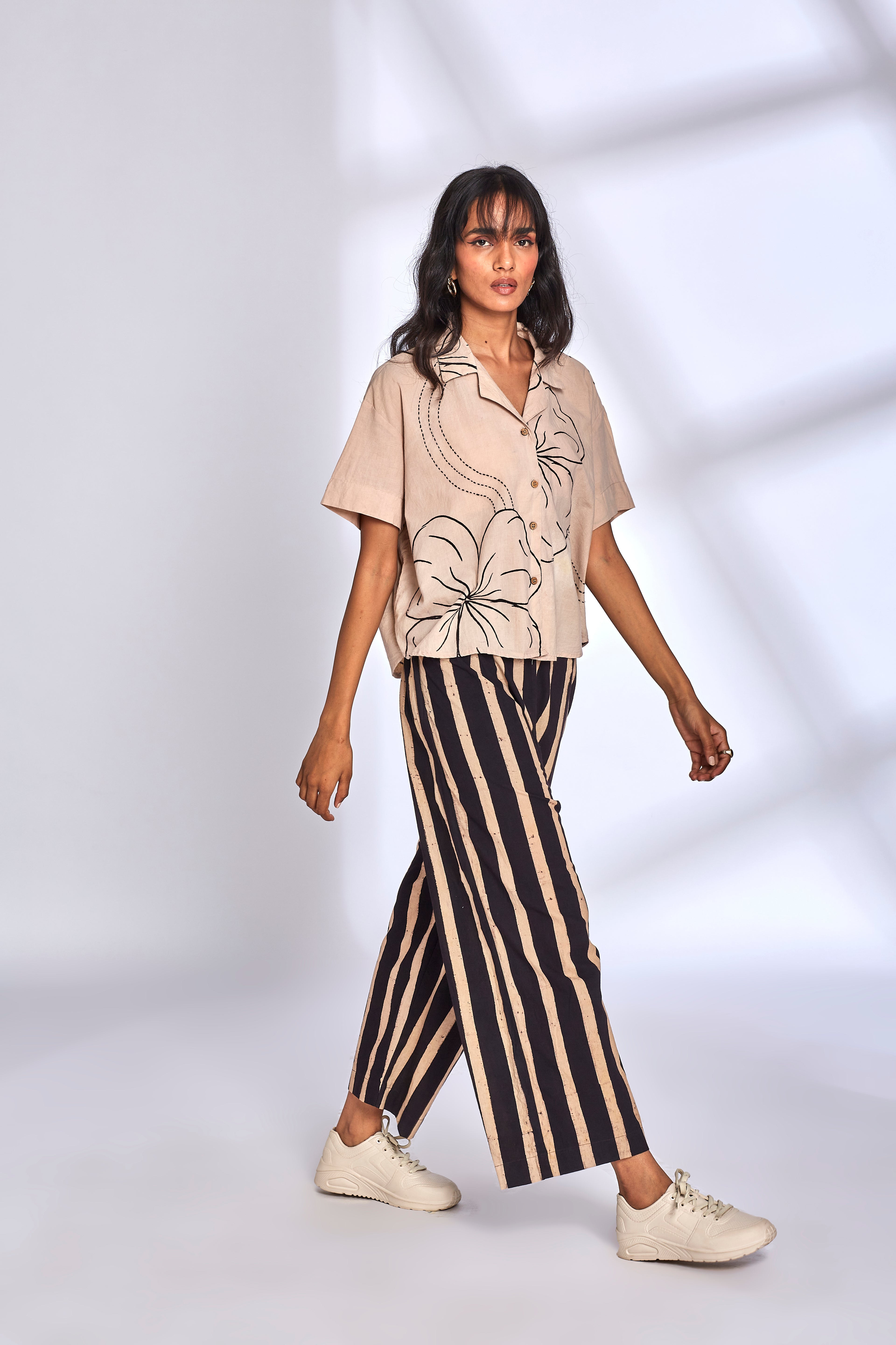 Beige Shirt for Women by Hasttvam with Cotton, Eden by Hasttvam, Floral, Fusion Wear, Handmade by Artisans, Natural Dye, Relaxed Fit, Responsible production and Vegan, Shirt, White at Kamakhyaa for sustainable fashion