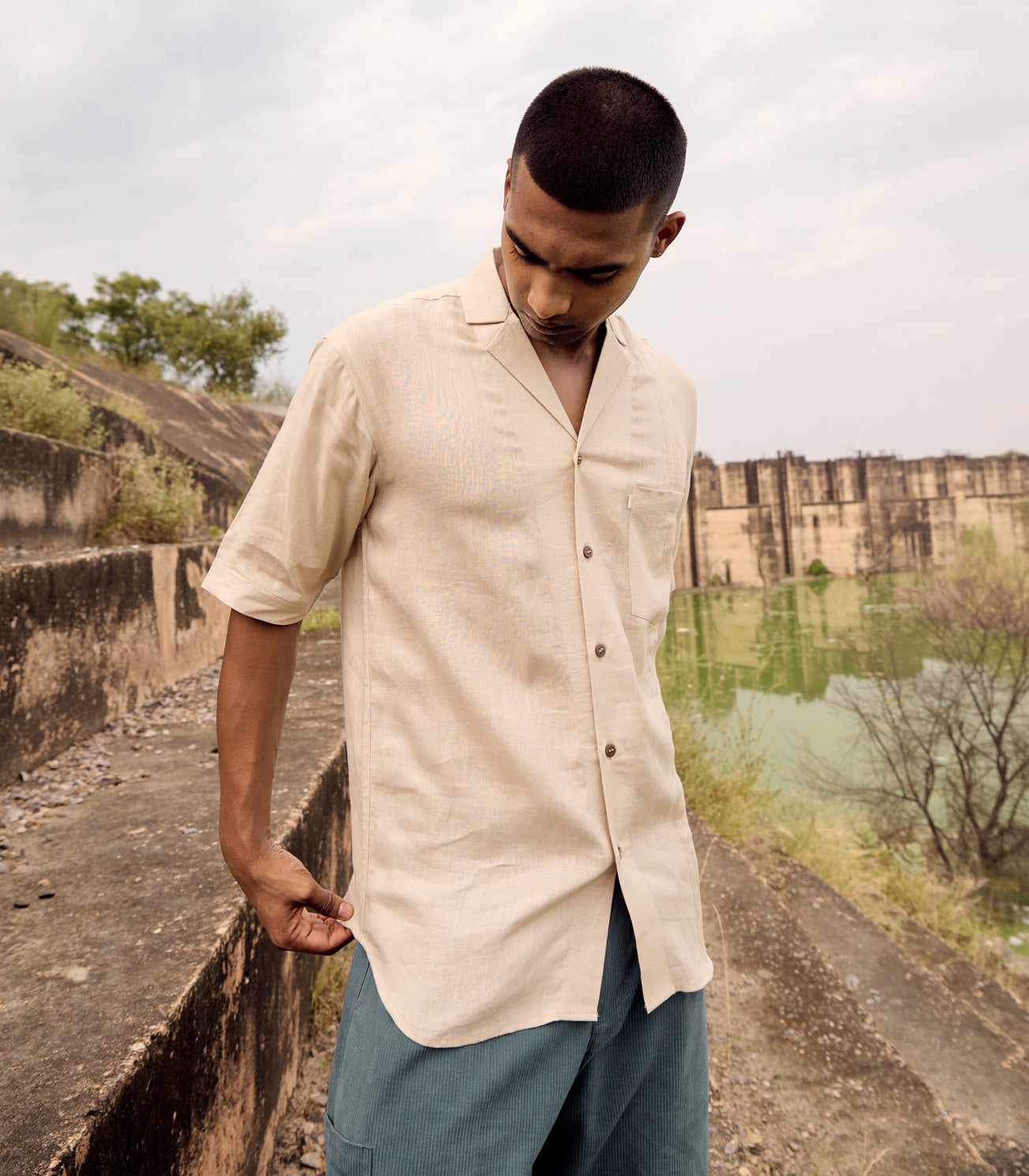 Beige Solid Linen Shirt by Khara Kapas with Beige, Casual Wear, Linen, Natural, Regular Fit, Shirts, Solids, Twill at Kamakhyaa for sustainable fashion