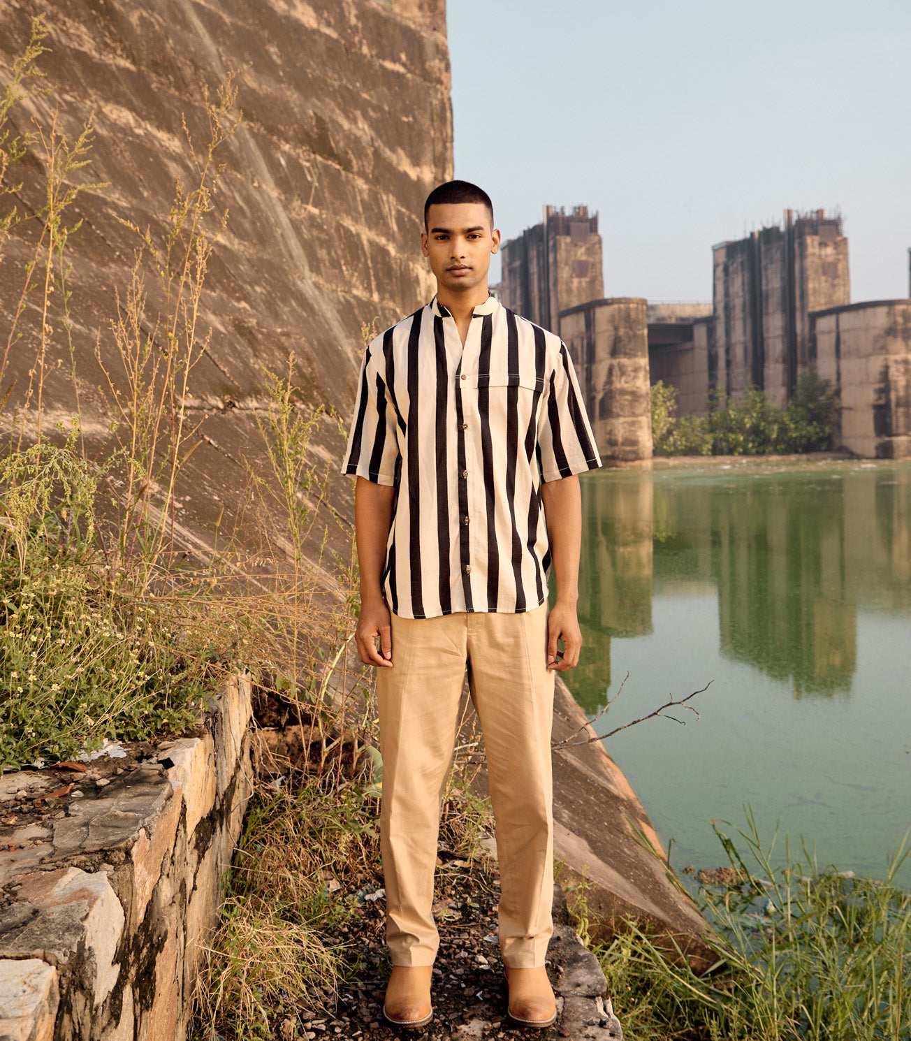 Black And White Striped Mulmul Cotton Shirt by Khara Kapas with Black, Casual Wear, Mulmul cotton, Natural, Regular Fit, Shirts, Stripes, Twill, White at Kamakhyaa for sustainable fashion