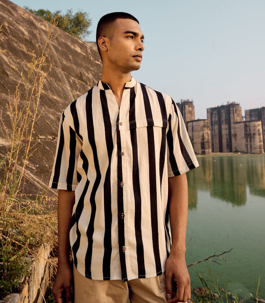 Black And White Striped Mulmul Cotton Shirt by Khara Kapas with Black, Casual Wear, Mulmul cotton, Natural, Regular Fit, Shirts, Stripes, Twill, White at Kamakhyaa for sustainable fashion