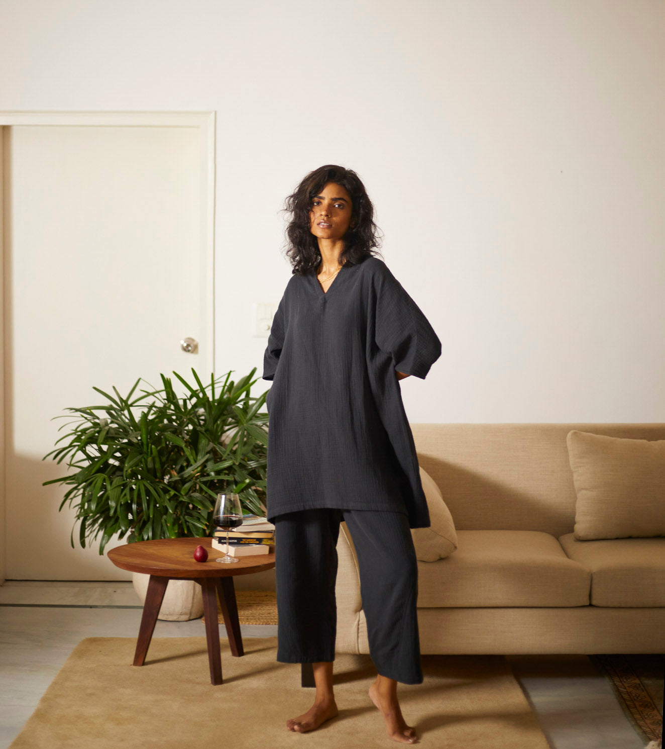 Black Cotton Co-ord Set by Khara Kapas with Black, Co-ord Sets, Cotton, Evening Wear, Lounge Wear, Lounge wear by Khara Kapas, Lounge Wear Co-ords, Natural, Regular Fit, Solid Selfmade, Solids, Womenswear at Kamakhyaa for sustainable fashion
