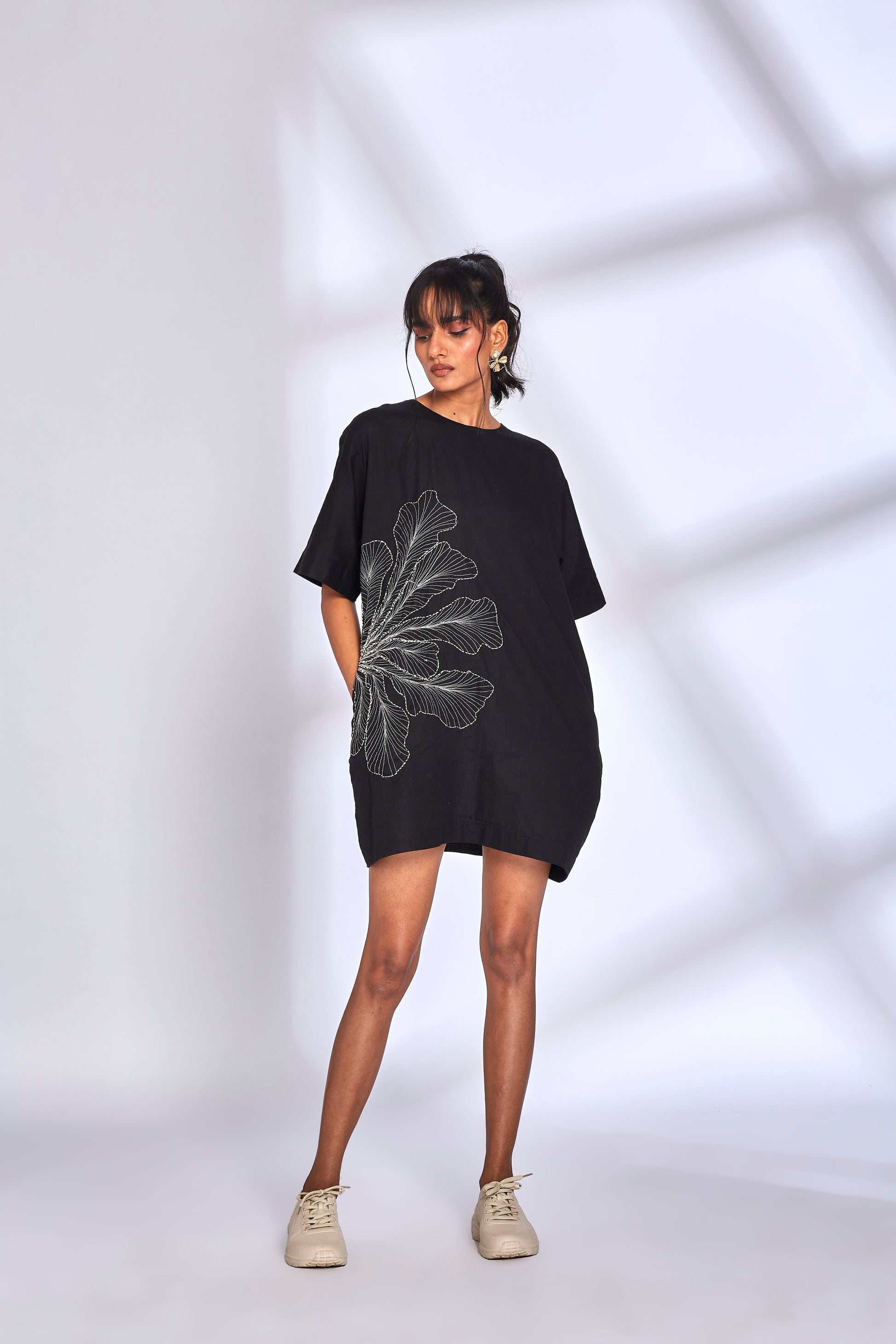 Black Embroidery Mini Dress by Hasttvam with Black, Cotton, Eden by Hasttvam, Embroidered, Mini Dresses, Natural Dye, Relaxed Fit, Responsible production and Vegan at Kamakhyaa for sustainable fashion