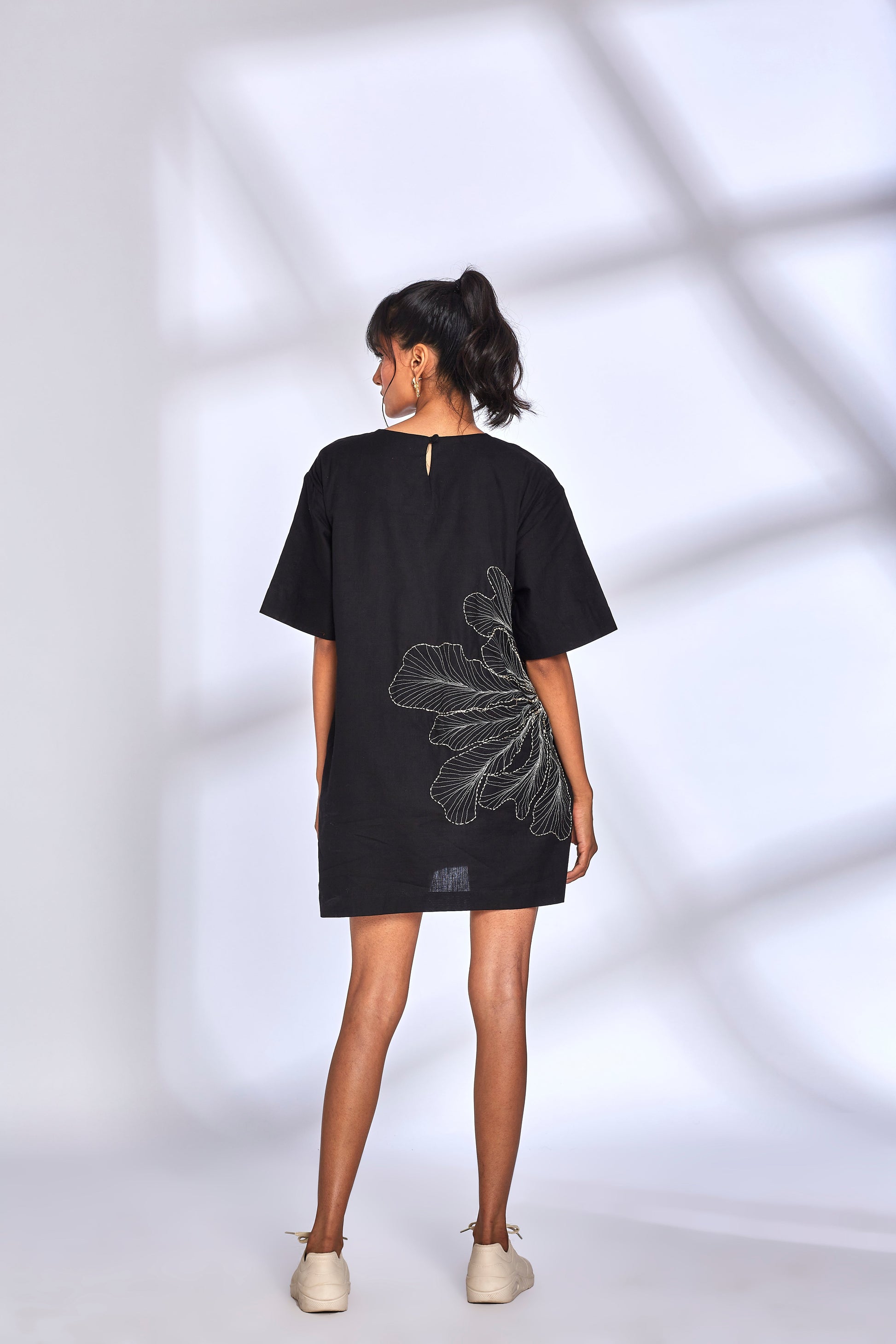 Black Embroidery Mini Dress by Hasttvam with Black, Cotton, Eden by Hasttvam, Embroidered, Mini Dresses, Natural Dye, Relaxed Fit, Responsible production and Vegan at Kamakhyaa for sustainable fashion