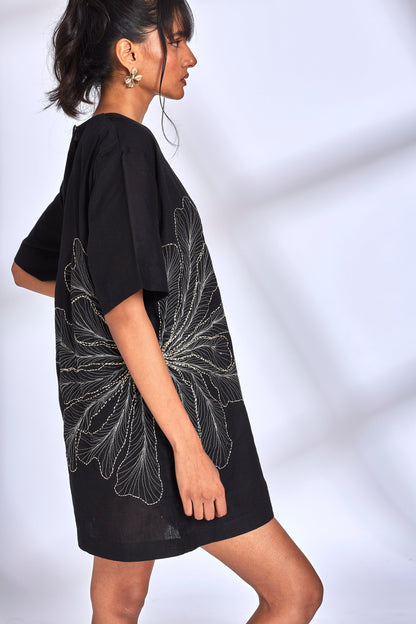 Black Embroidery Mini Dress by Hasttvam with Black, Cotton, Eden by Hasttvam, Embroidered, Mini Dresses, Natural Dye, Relaxed Fit, Responsible production and Vegan at Kamakhyaa for sustainable fashion