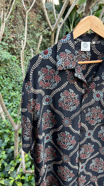 Black Hand Block Printed Shirt by Hasttvam with Black, Casual Wear, Floral, Handmade by Artisans, Modal silk, Natural Dye, Rang by Hasttvam, Relaxed Fit, Responsible production and Vegan, Shirt at Kamakhyaa for sustainable fashion