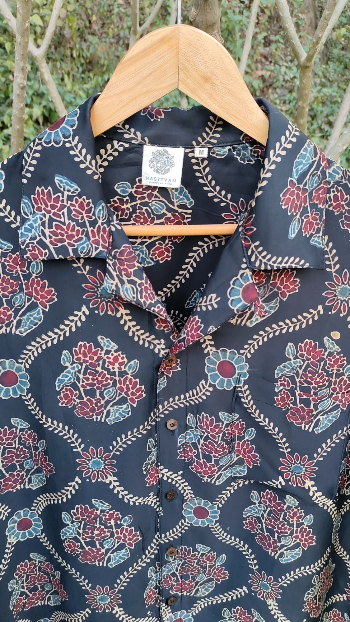 Black Hand Block Printed Shirt by Hasttvam with Black, Casual Wear, Floral, Handmade by Artisans, Modal silk, Natural Dye, Rang by Hasttvam, Relaxed Fit, Responsible production and Vegan, Shirt at Kamakhyaa for sustainable fashion