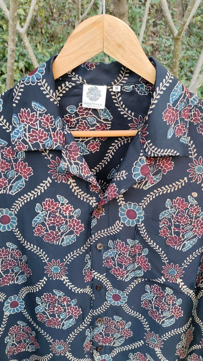 Black Hand Block Printed Shirt by Hasttvam with Black, Casual Wear, Floral, Handmade by Artisans, Modal silk, Natural Dye, Rang by Hasttvam, Relaxed Fit, Responsible production and Vegan, Shirt at Kamakhyaa for sustainable fashion