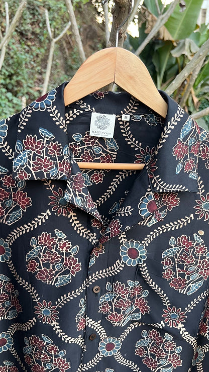 Black Hand Block Printed Shirt by Hasttvam with Black, Casual Wear, Floral, Handmade by Artisans, Modal silk, Natural Dye, Rang by Hasttvam, Relaxed Fit, Responsible production and Vegan, Shirt at Kamakhyaa for sustainable fashion