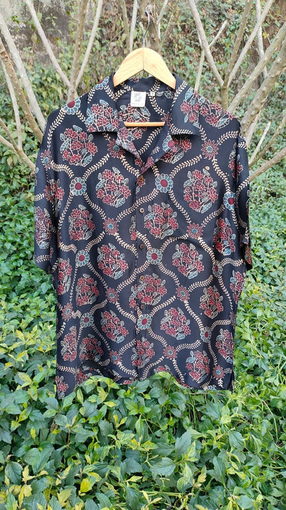 Black Hand Block Printed Shirt by Hasttvam with Black, Casual Wear, Floral, Handmade by Artisans, Modal silk, Natural Dye, Rang by Hasttvam, Relaxed Fit, Responsible production and Vegan, Shirt at Kamakhyaa for sustainable fashion