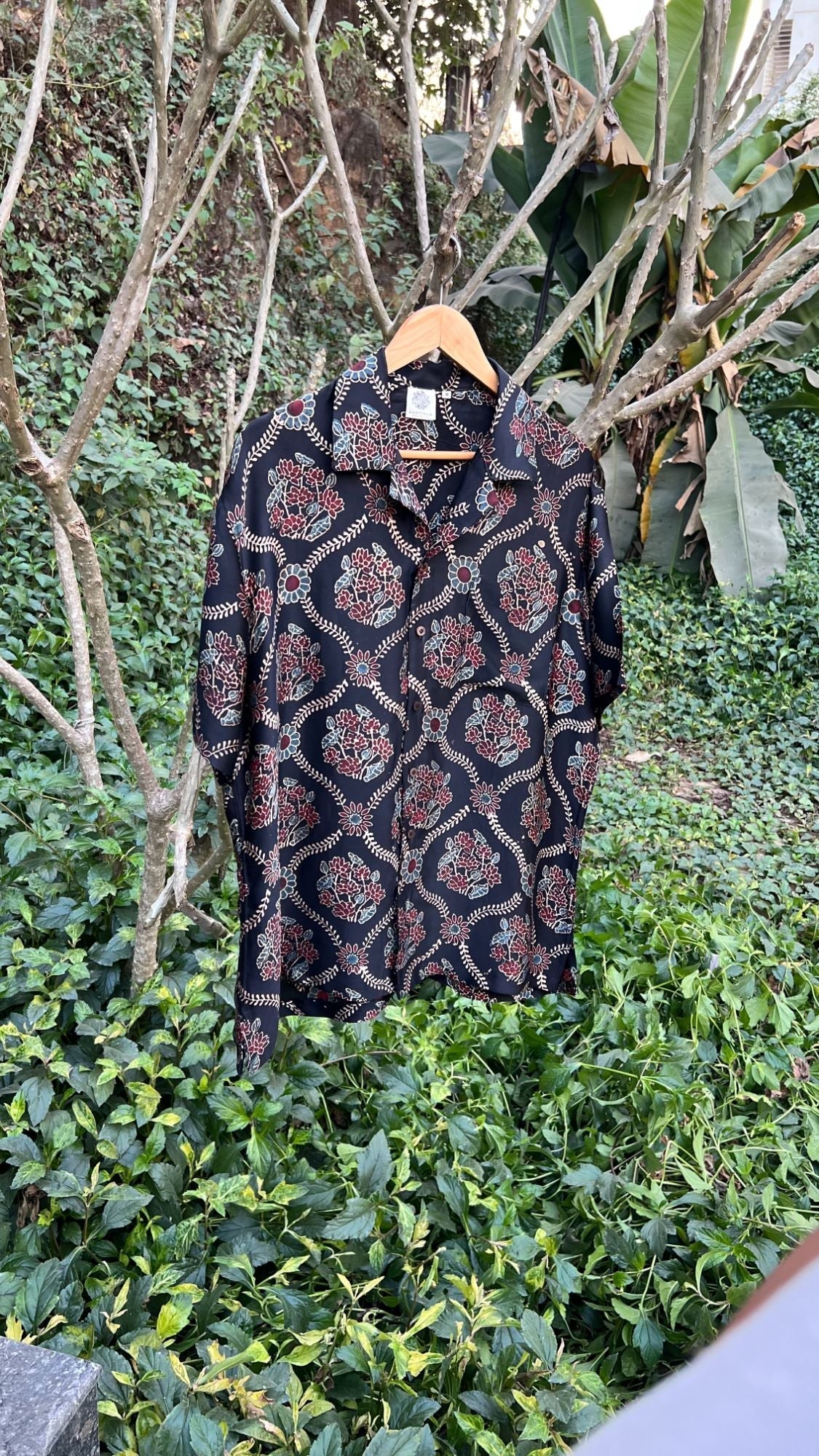 Black Hand Block Printed Shirt by Hasttvam with Black, Casual Wear, Floral, Handmade by Artisans, Modal silk, Natural Dye, Rang by Hasttvam, Relaxed Fit, Responsible production and Vegan, Shirt at Kamakhyaa for sustainable fashion