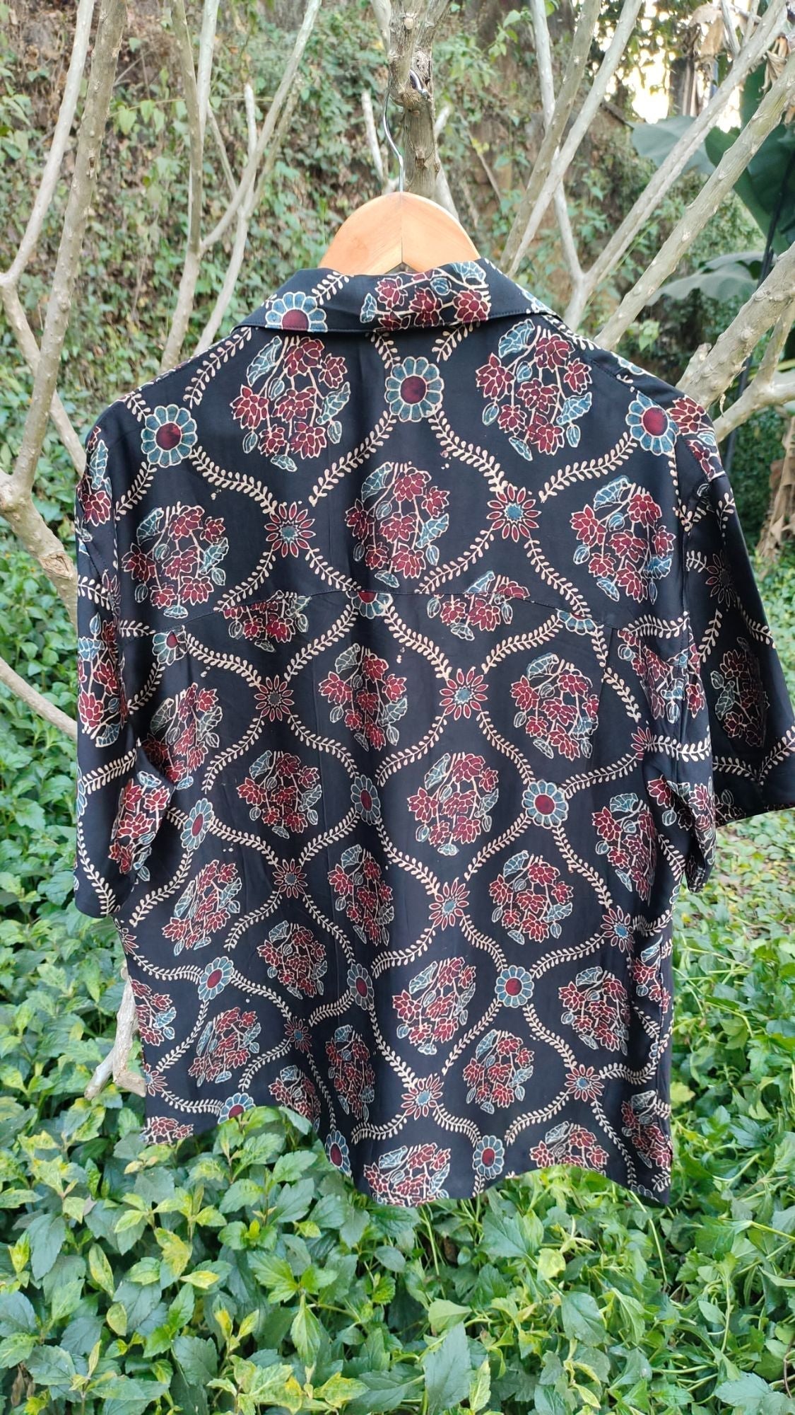 Black Hand Block Printed Shirt by Hasttvam with Black, Casual Wear, Floral, Handmade by Artisans, Modal silk, Natural Dye, Rang by Hasttvam, Relaxed Fit, Responsible production and Vegan, Shirt at Kamakhyaa for sustainable fashion