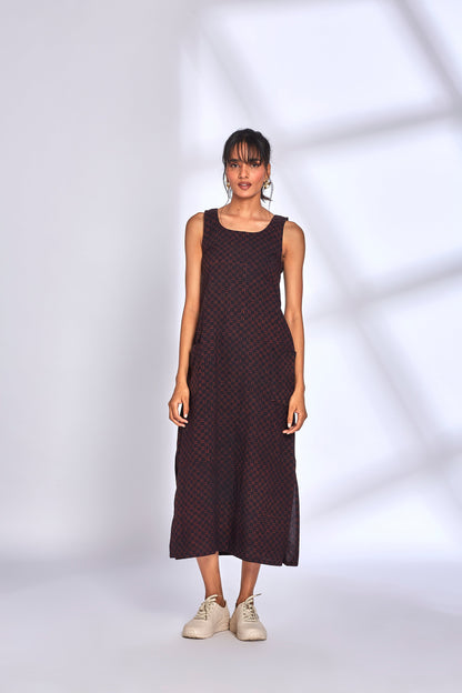 Black Midi Dress with side slit by Hasttvam with Black, Cotton, Eden by Hasttvam, Fusion Wear, Natural Dye, Printed, Relaxed Fit, Responsible production and Vegan, Sleeveless Dresses, Solids at Kamakhyaa for sustainable fashion