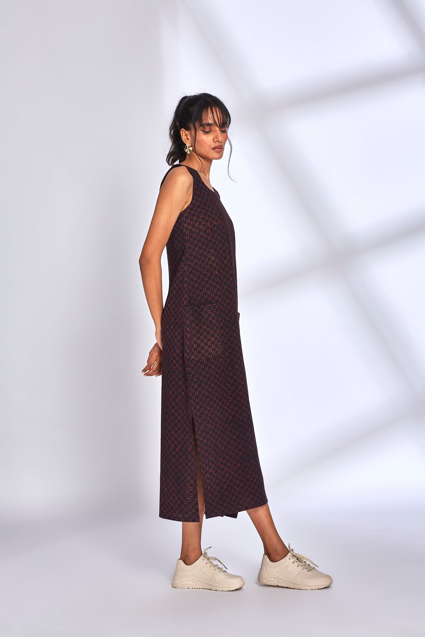 Black Midi Dress with side slit by Hasttvam with Black, Cotton, Eden by Hasttvam, Fusion Wear, Natural Dye, Printed, Relaxed Fit, Responsible production and Vegan, Sleeveless Dresses, Solids at Kamakhyaa for sustainable fashion