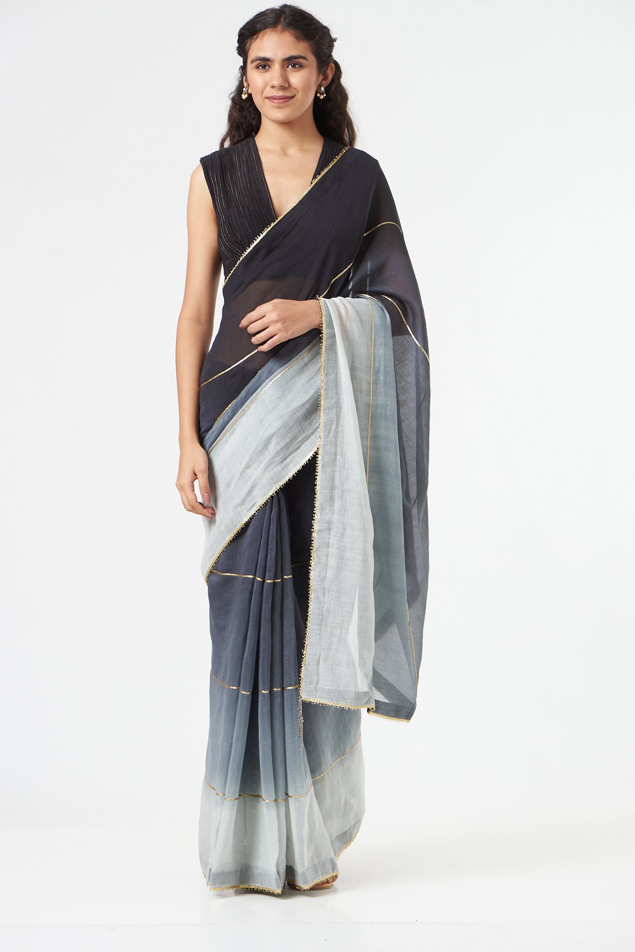 Black Ombre Saree + Peticot by Ahmev with Black, Casual Wear, Festive'22 by Ahmev, Iconic Threads of Rani's look, Indian Wear, July Sale, July Sale 2023, Natural, New, Ombre & Dyes, Ombre Saree, Regular Fit, Saree Sets, Silk Chanderi, Womenswear at Kamakhyaa for sustainable fashion