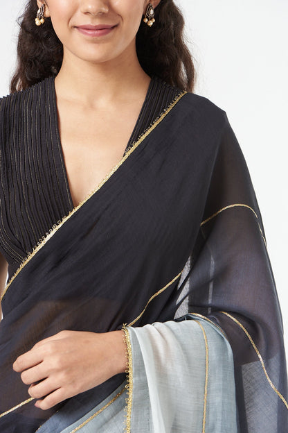 Black Ombre Saree + Peticot by Ahmev with Black, Casual Wear, Festive'22 by Ahmev, Iconic Threads of Rani's look, Indian Wear, July Sale, July Sale 2023, Natural, New, Ombre & Dyes, Ombre Saree, Regular Fit, Saree Sets, Silk Chanderi, Womenswear at Kamakhyaa for sustainable fashion