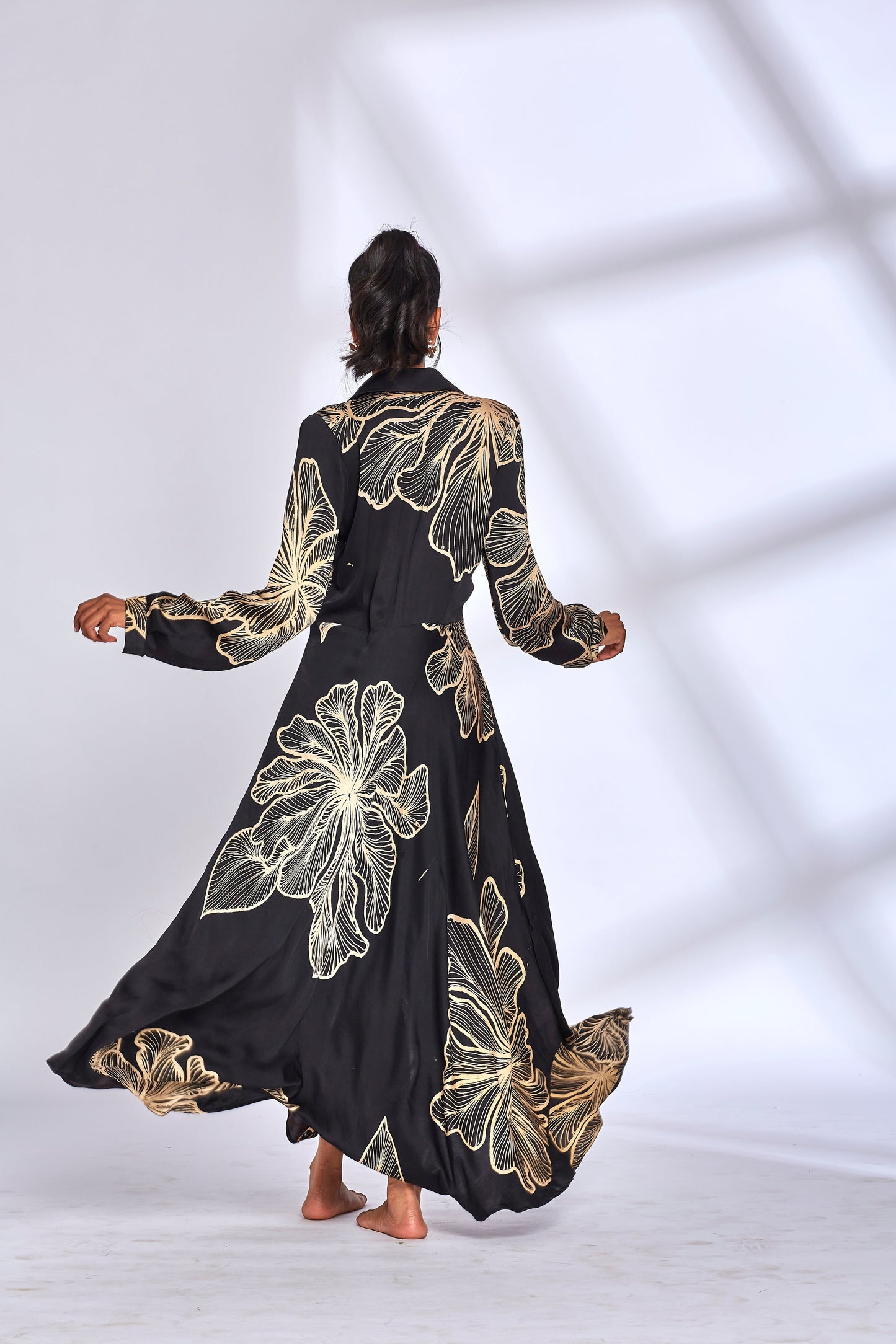 Black Printed Long Shirt Dress by Hasttvam with Black, Eden by Hasttvam, Floral, Fusion Wear, Handmade by Artisans, Long Dresses, Modal silk, Natural Dye, Printed, Responsible production and Vegan at Kamakhyaa for sustainable fashion