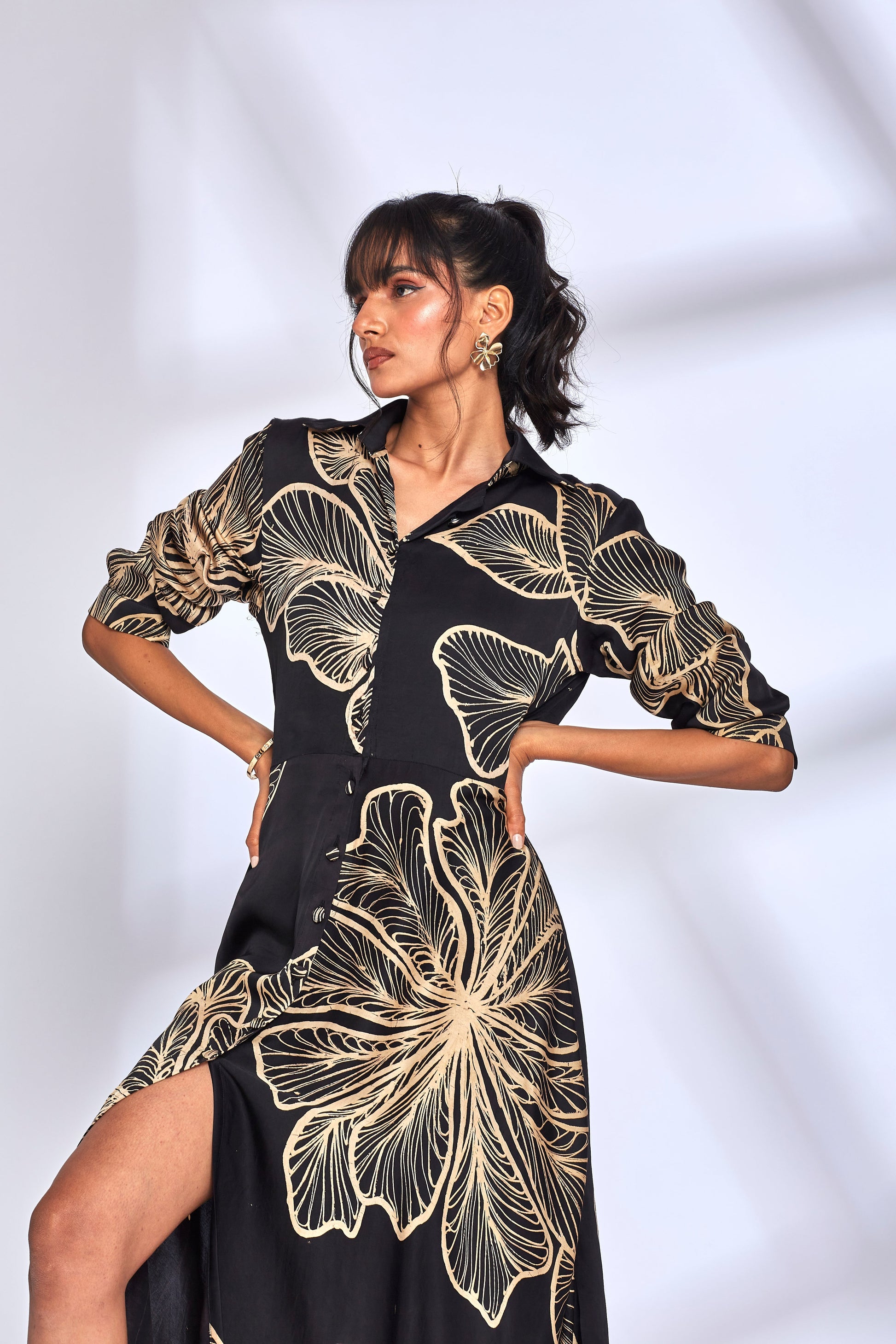 Black Printed Long Shirt Dress by Hasttvam with Black, Eden by Hasttvam, Floral, Fusion Wear, Handmade by Artisans, Long Dresses, Modal silk, Natural Dye, Printed, Responsible production and Vegan at Kamakhyaa for sustainable fashion