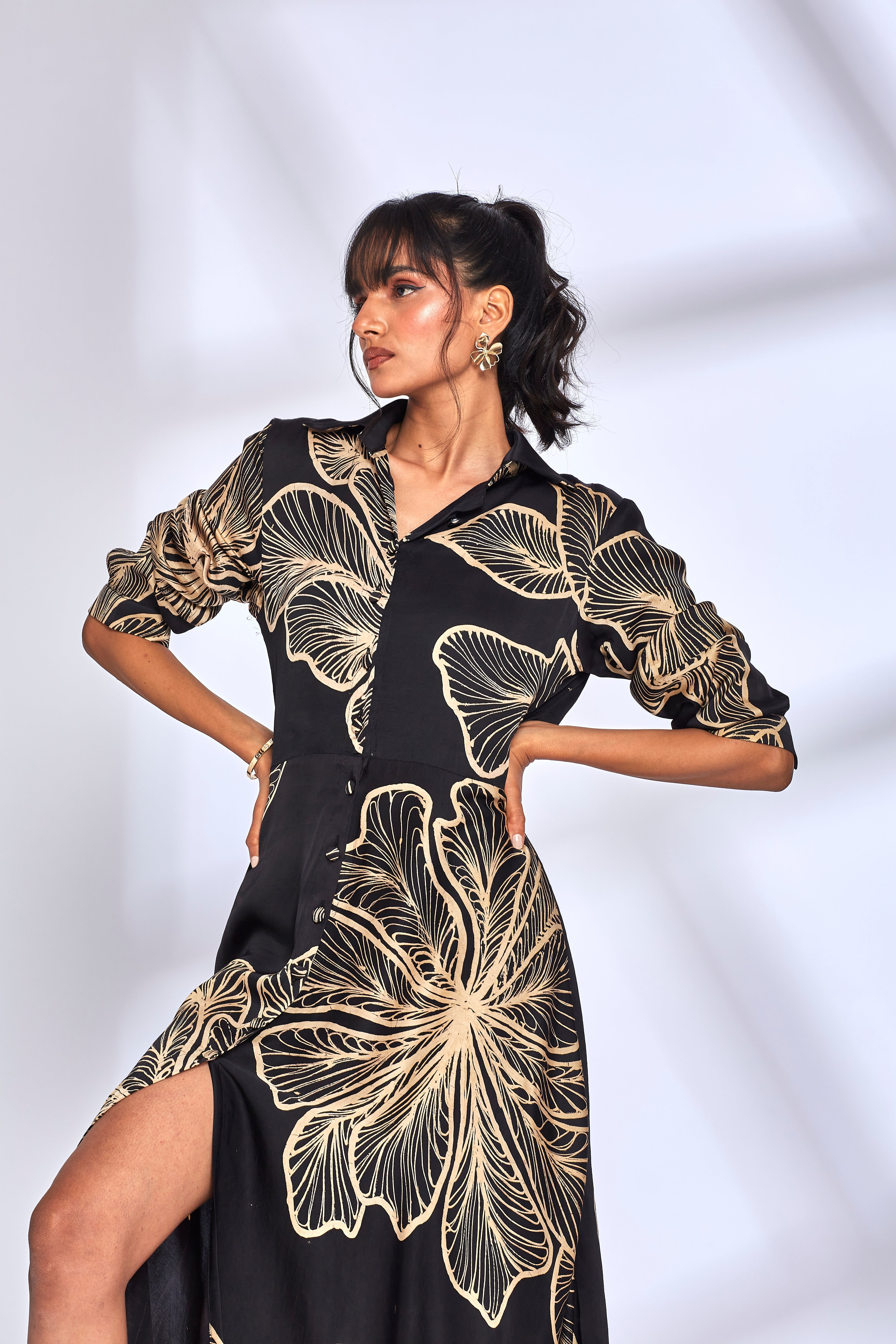 Black Printed Long Shirt Dress by Hasttvam with Black, Eden by Hasttvam, Floral, Fusion Wear, Handmade by Artisans, Long Dresses, Modal silk, Natural Dye, Printed, Responsible production and Vegan at Kamakhyaa for sustainable fashion